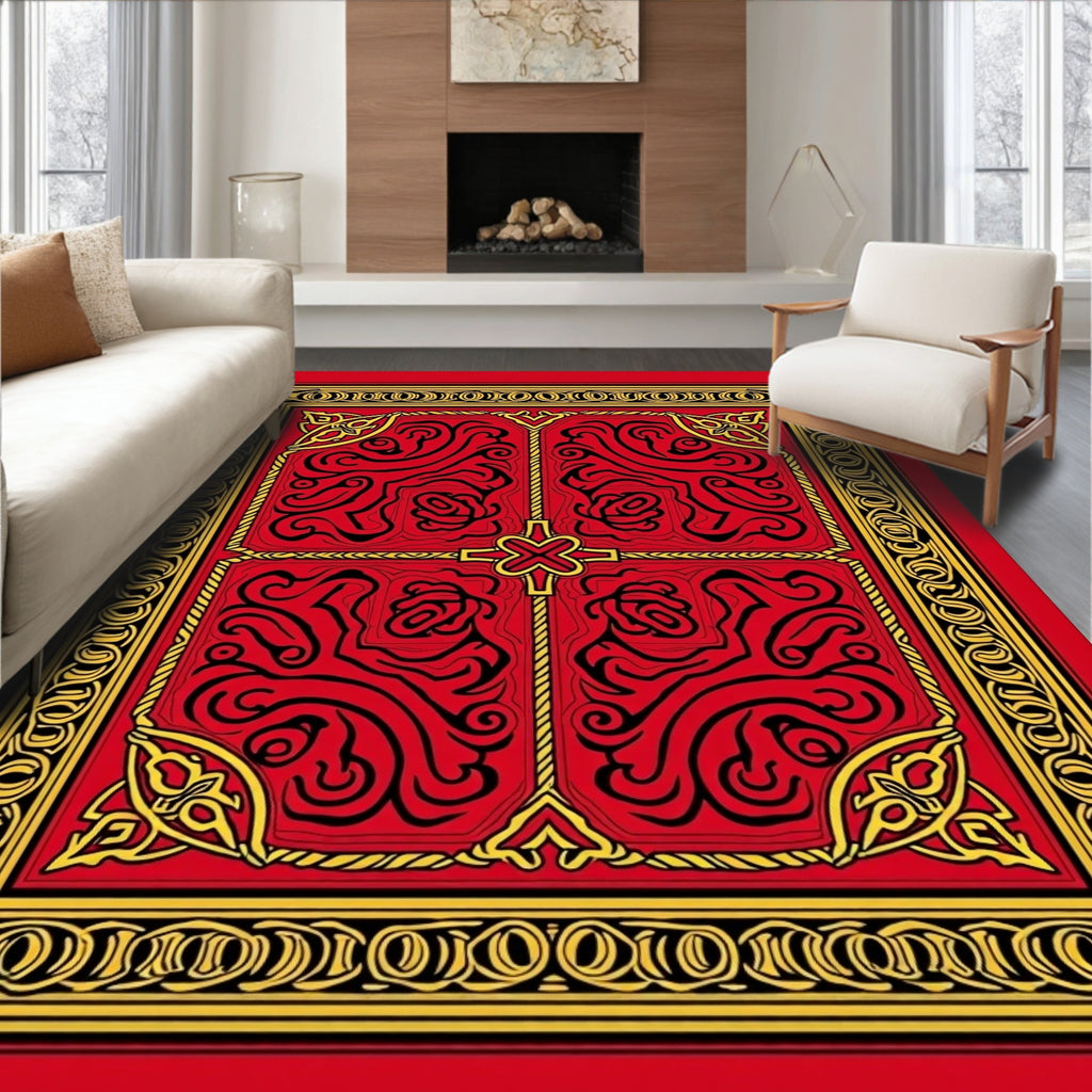 Red Gold Floral Medallion Symmetry Rug