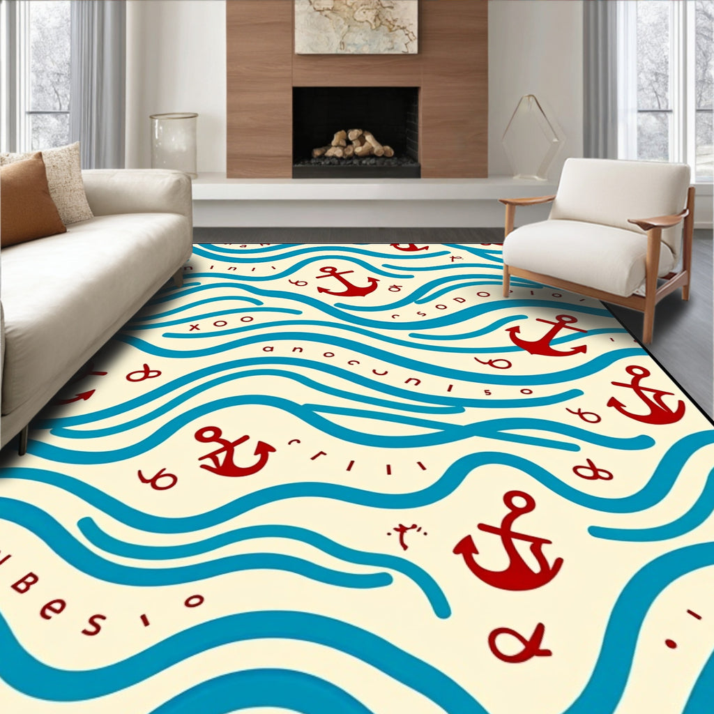 Nautical Red Anchor Wave Design Rug