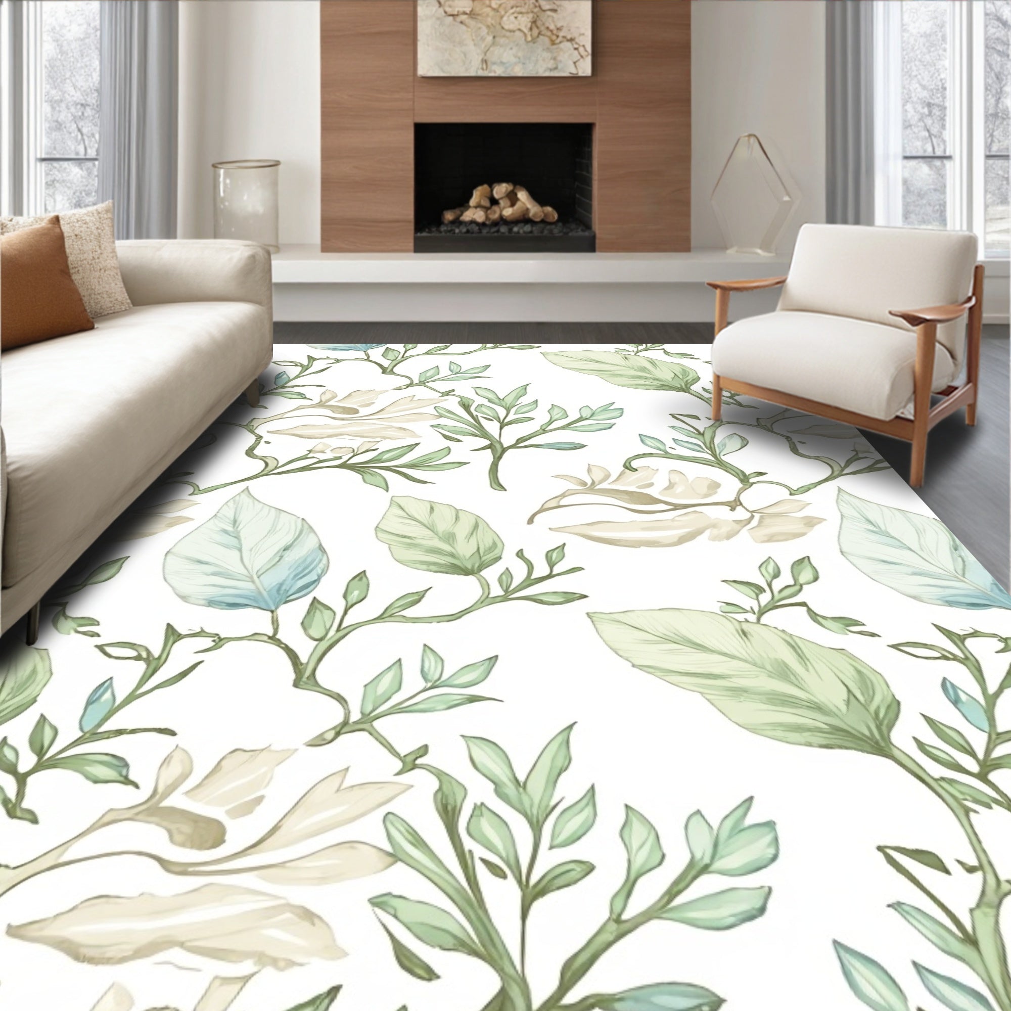 Soft Green Botanical Vine Swirl Rug