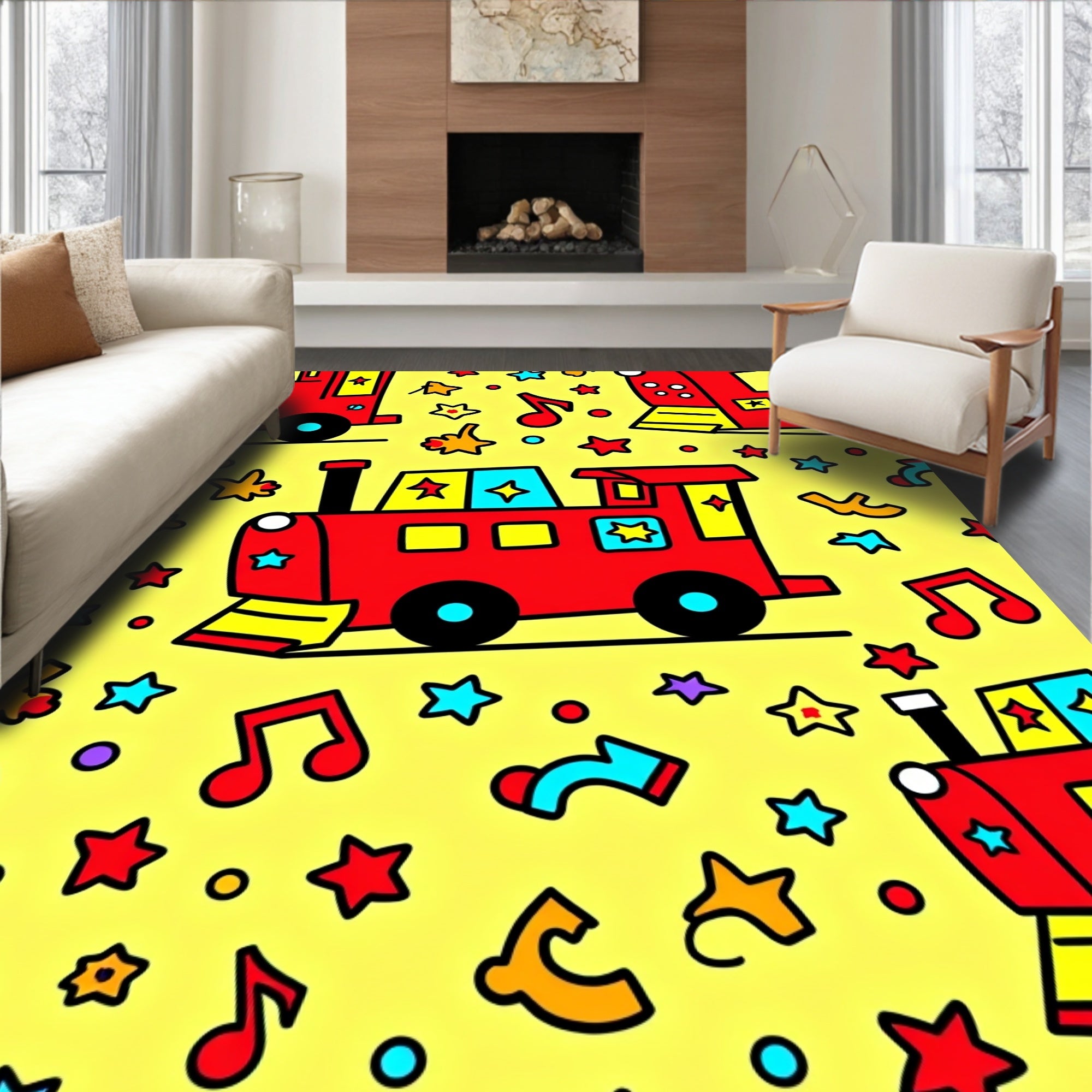 Red Train Stars Musical Yellow Background Rug