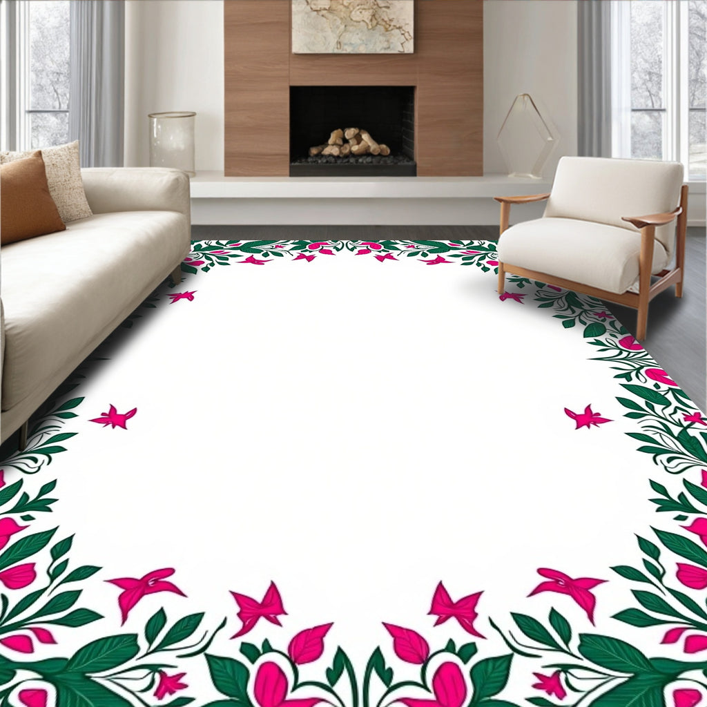 Vibrant Pink Floral Greenery Border Rug