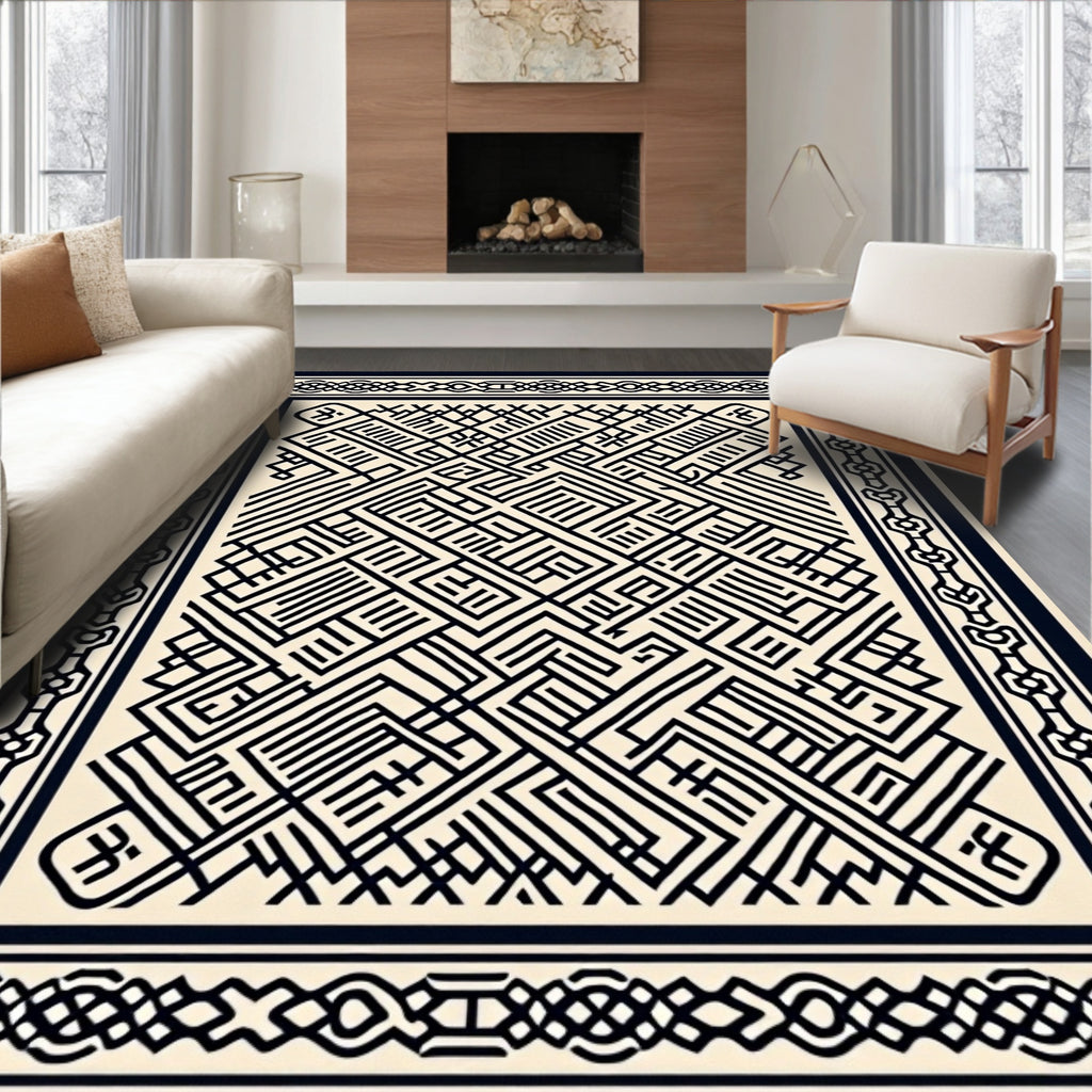 Black Geometric Maze Border Rug