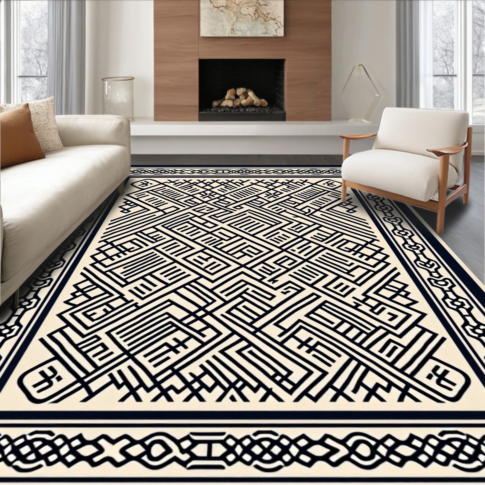 Black Geometric Maze Border Rug