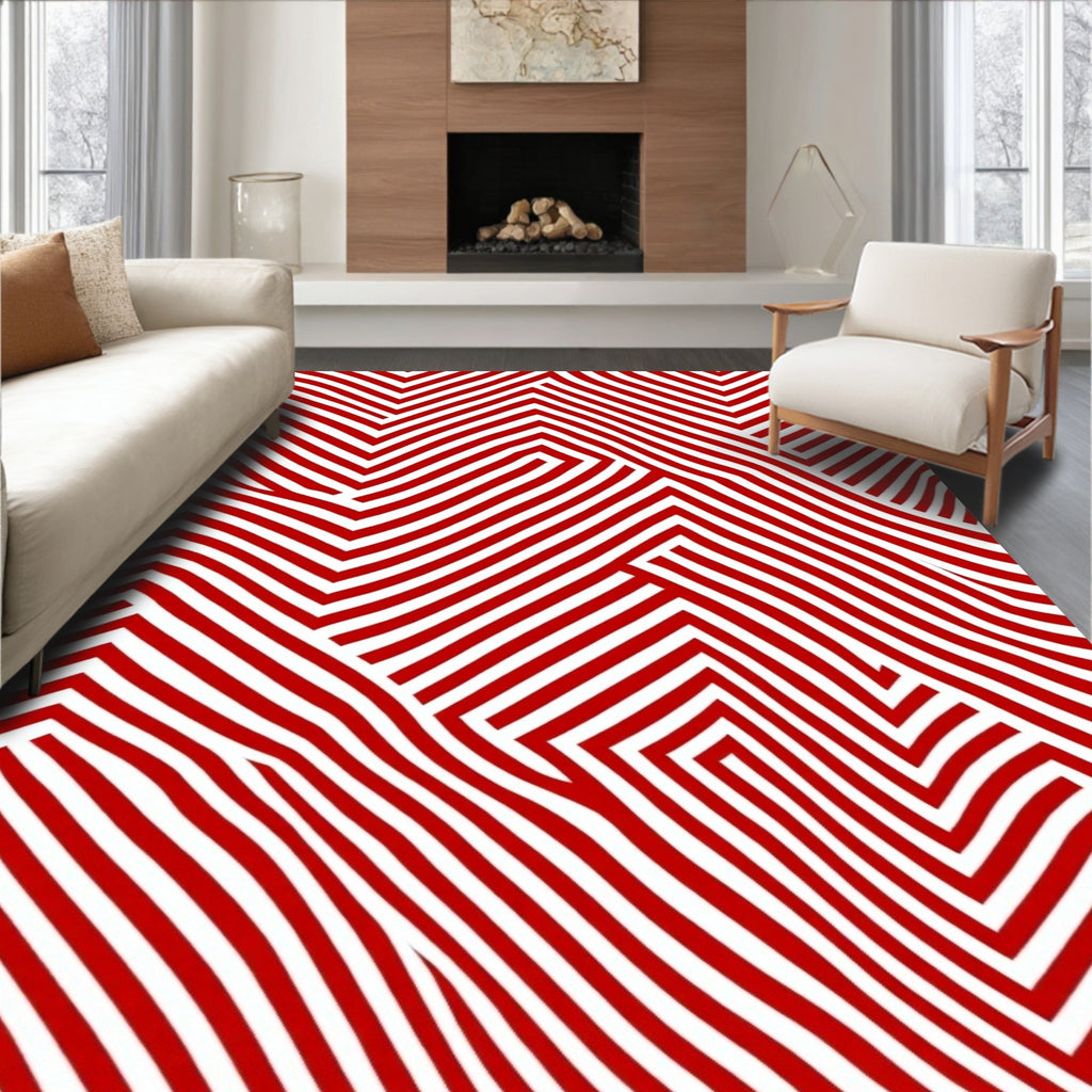 Bold Red White Zigzag Maze Rug