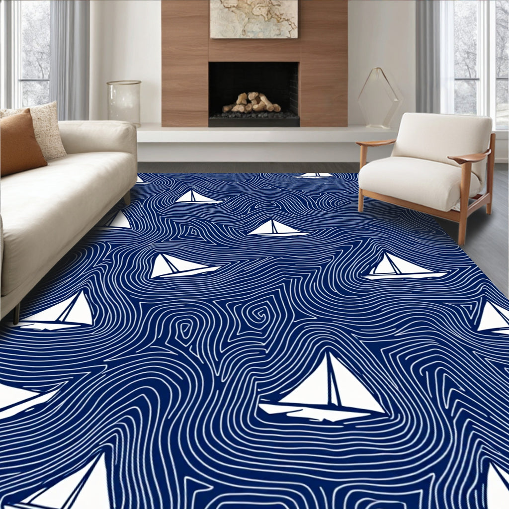 Deep Blue Sailing White Sailboats Rug