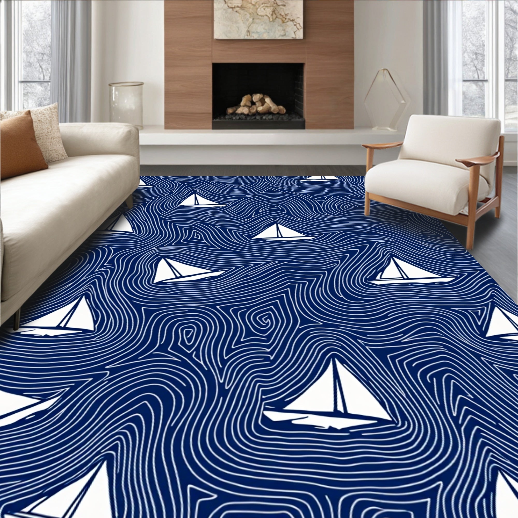 Deep Blue Sailing White Sailboats Rug