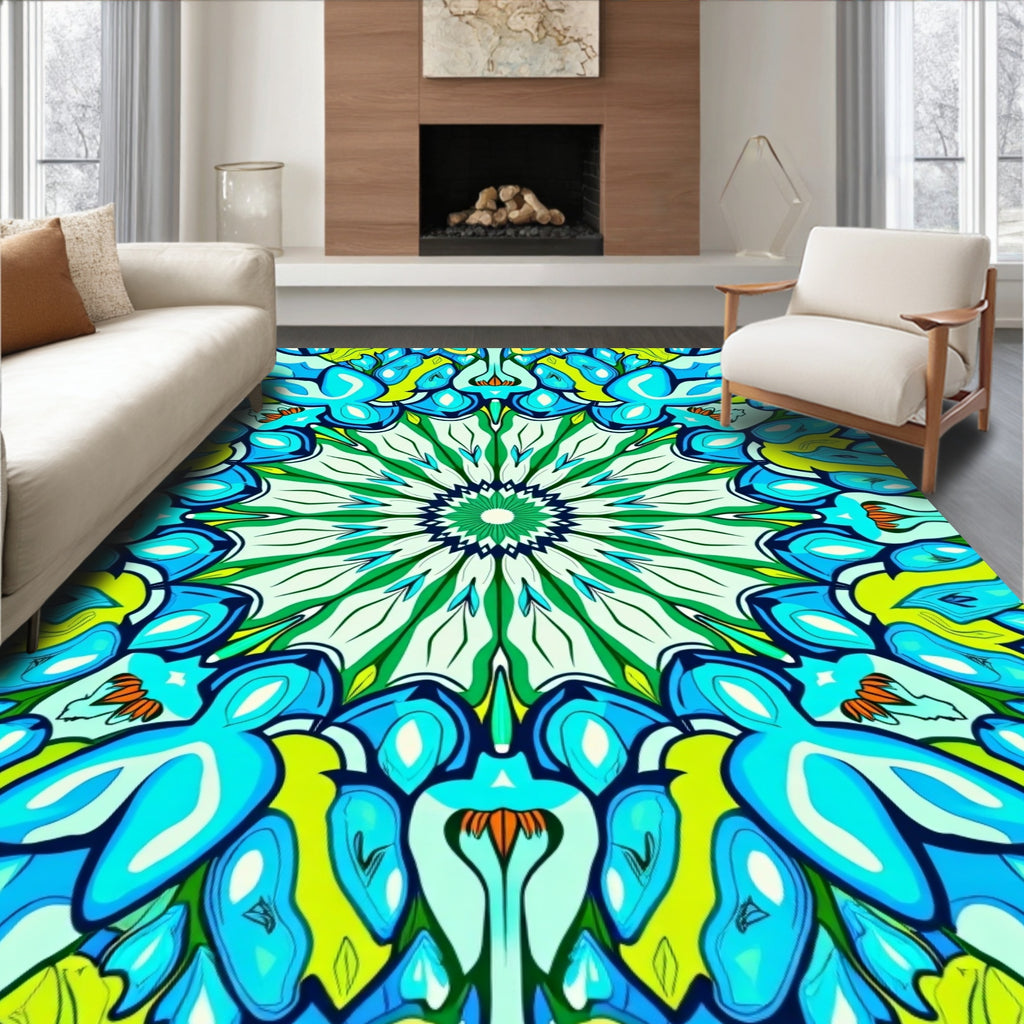 Vibrant Blue Green Floral Medallion Rug