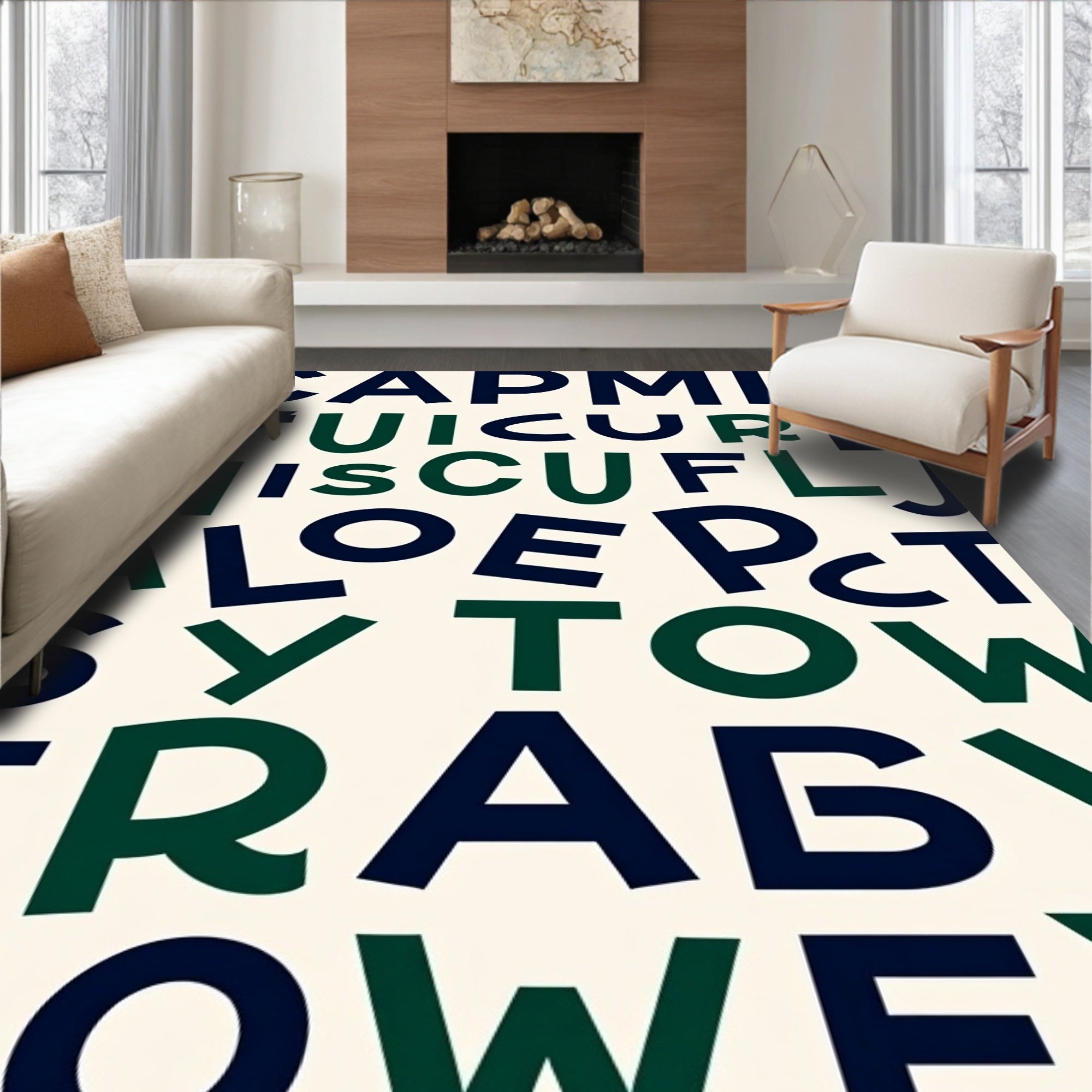 Bold Navy Emerald Alphabet Collage Rug