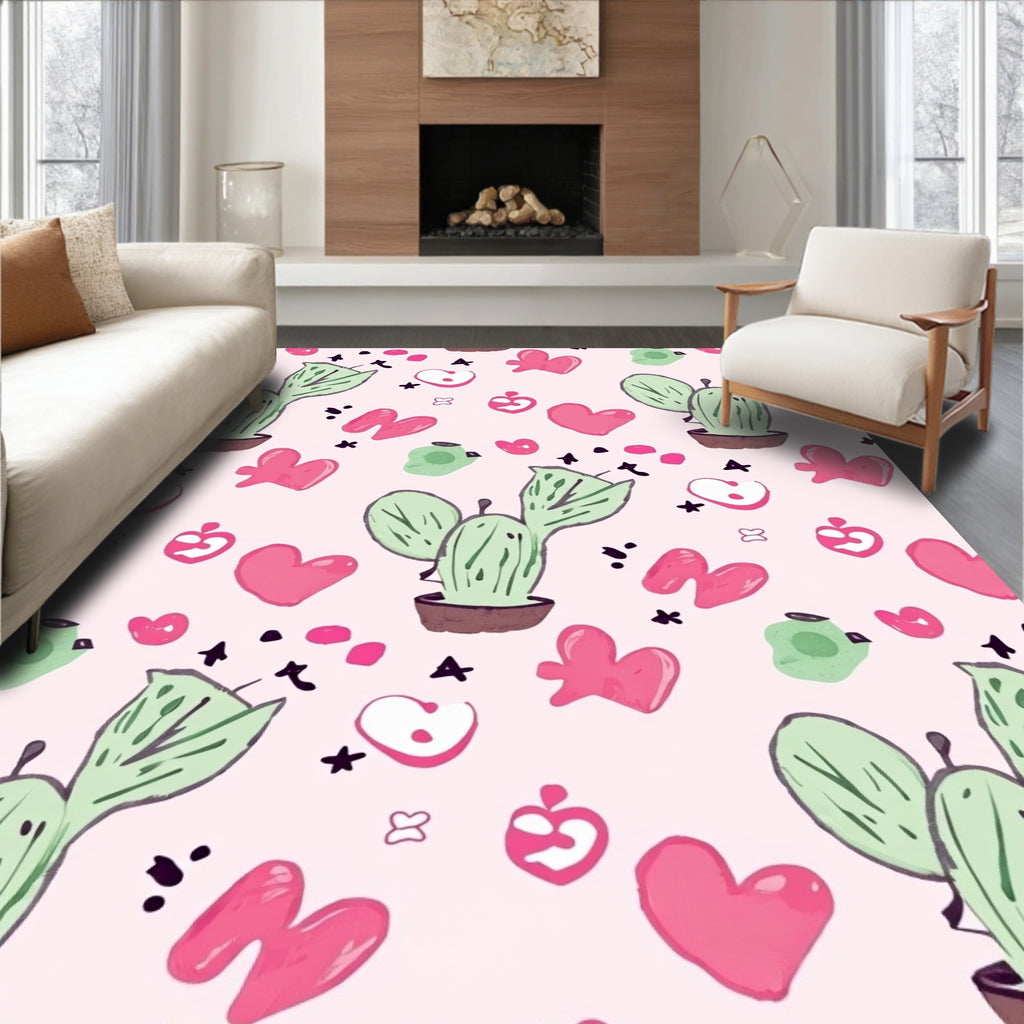 Pink Heart Cactus Garden Whimsical Rug
