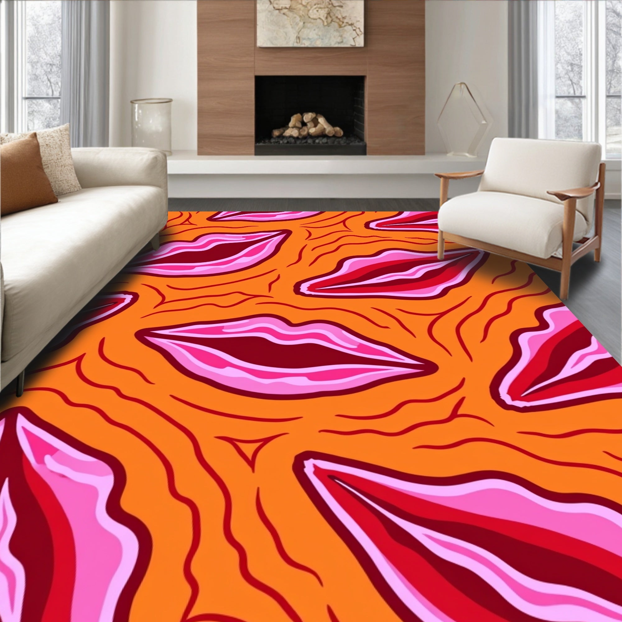 Vibrant Orange Pink Lips Swirl Rug