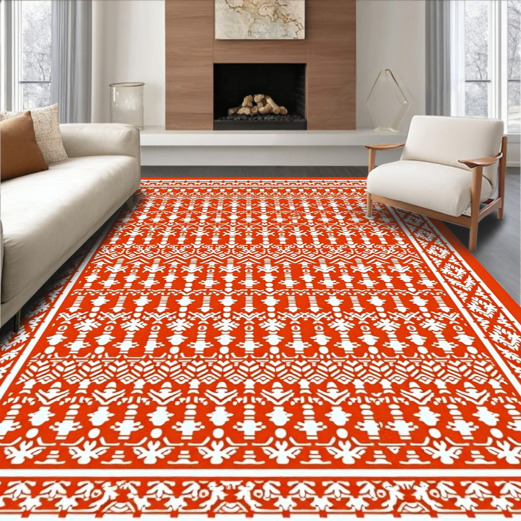 Vibrant Orange Geometric Tribal Runner Rug