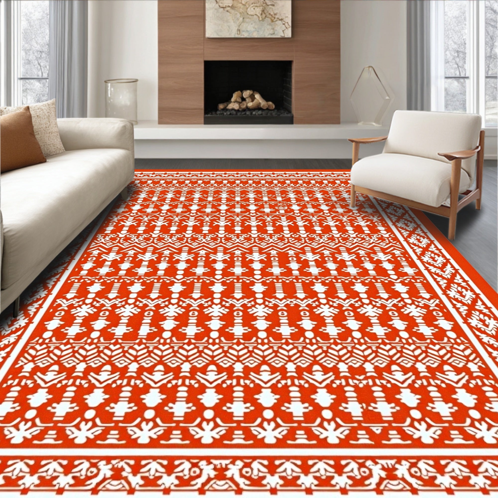 Vibrant Orange Geometric Tribal Runner Rug