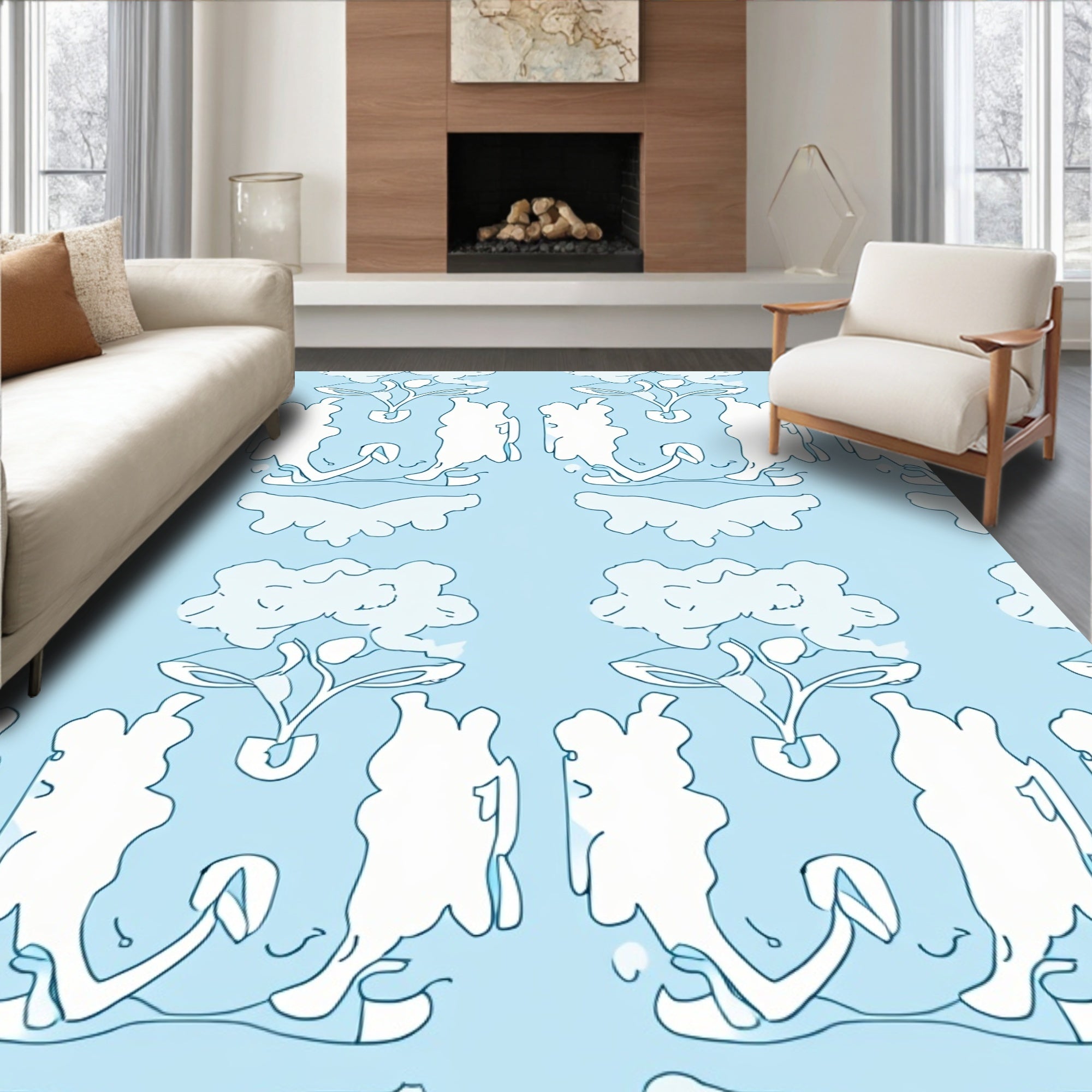 Sky Blue Abstract Clouds and Flower Rug