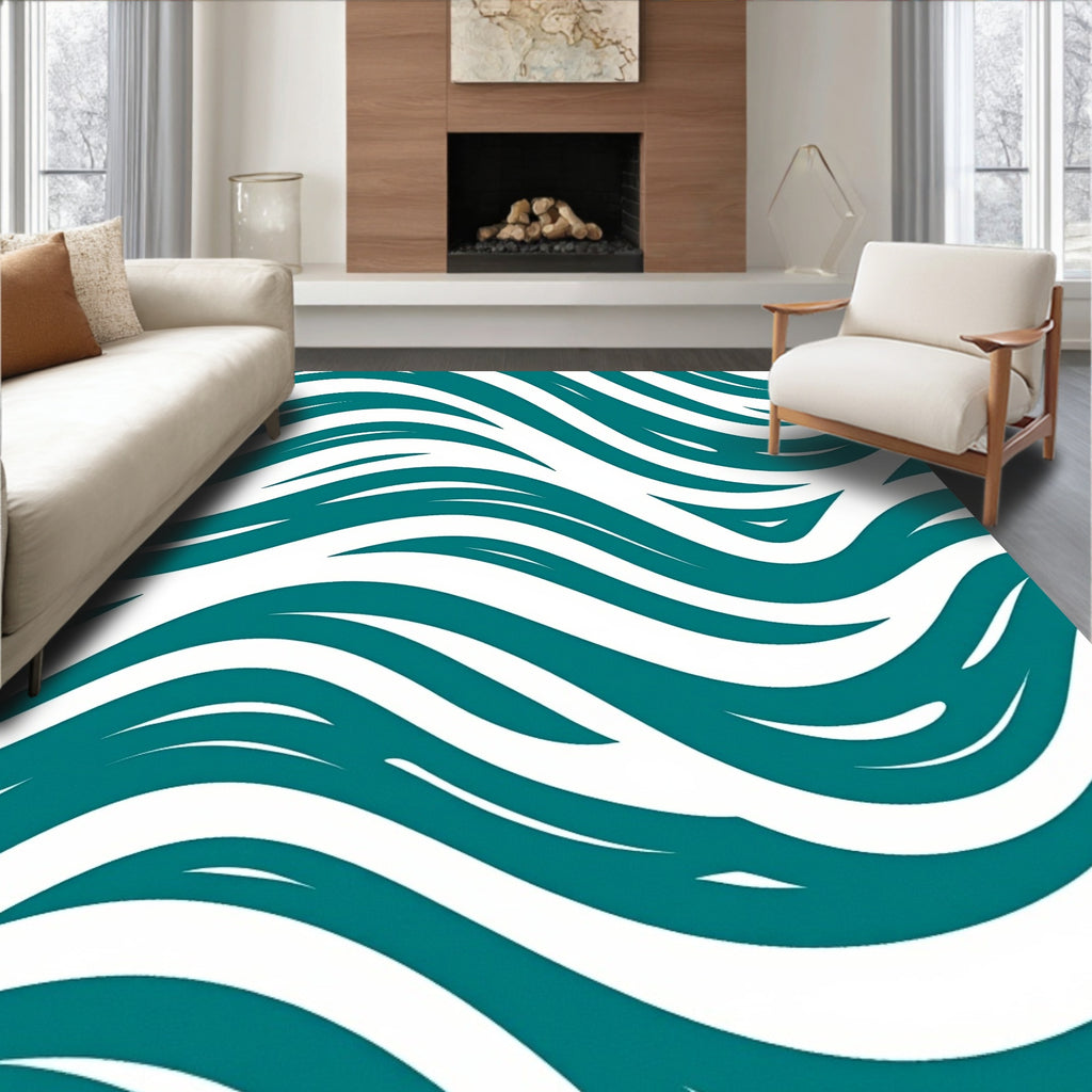 Teal White Fluid Wave Rug