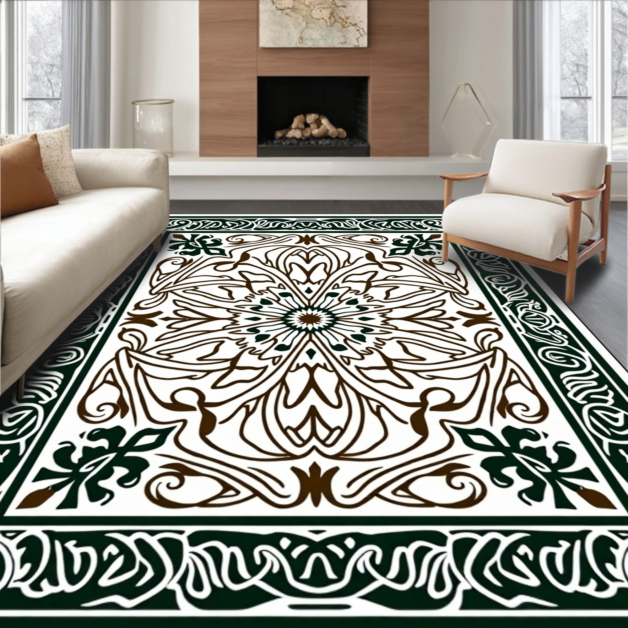 Dark Green Brown Floral Medallion Art Nouveau Rug