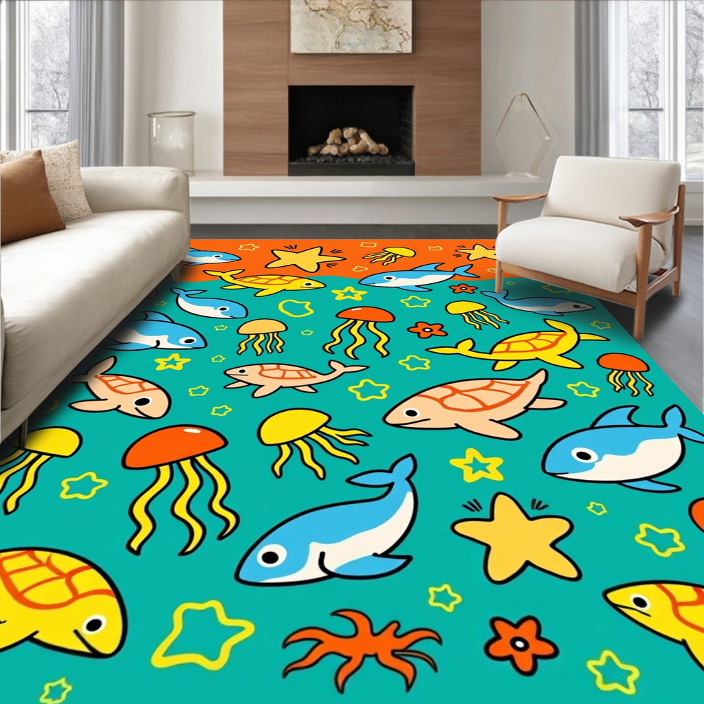 Ocean Friends Tortoise Dolphin Jellyfish Stars Rug