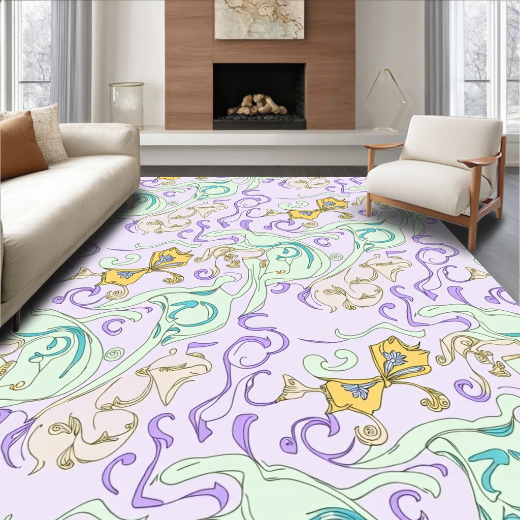 Whimsical Yellow Butterfly Pastel Swirl Rug