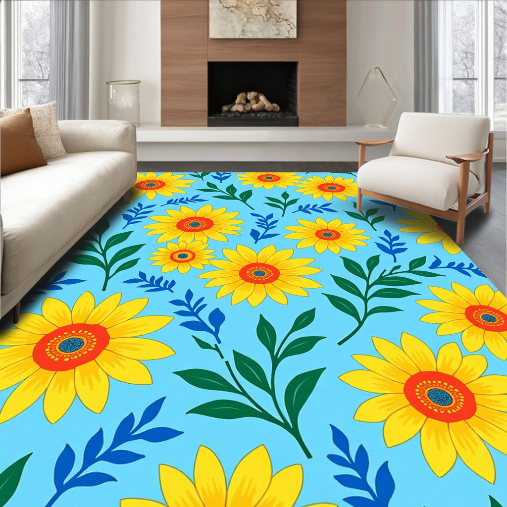Vibrant Yellow Red Blue Floral Sunflowers Rug