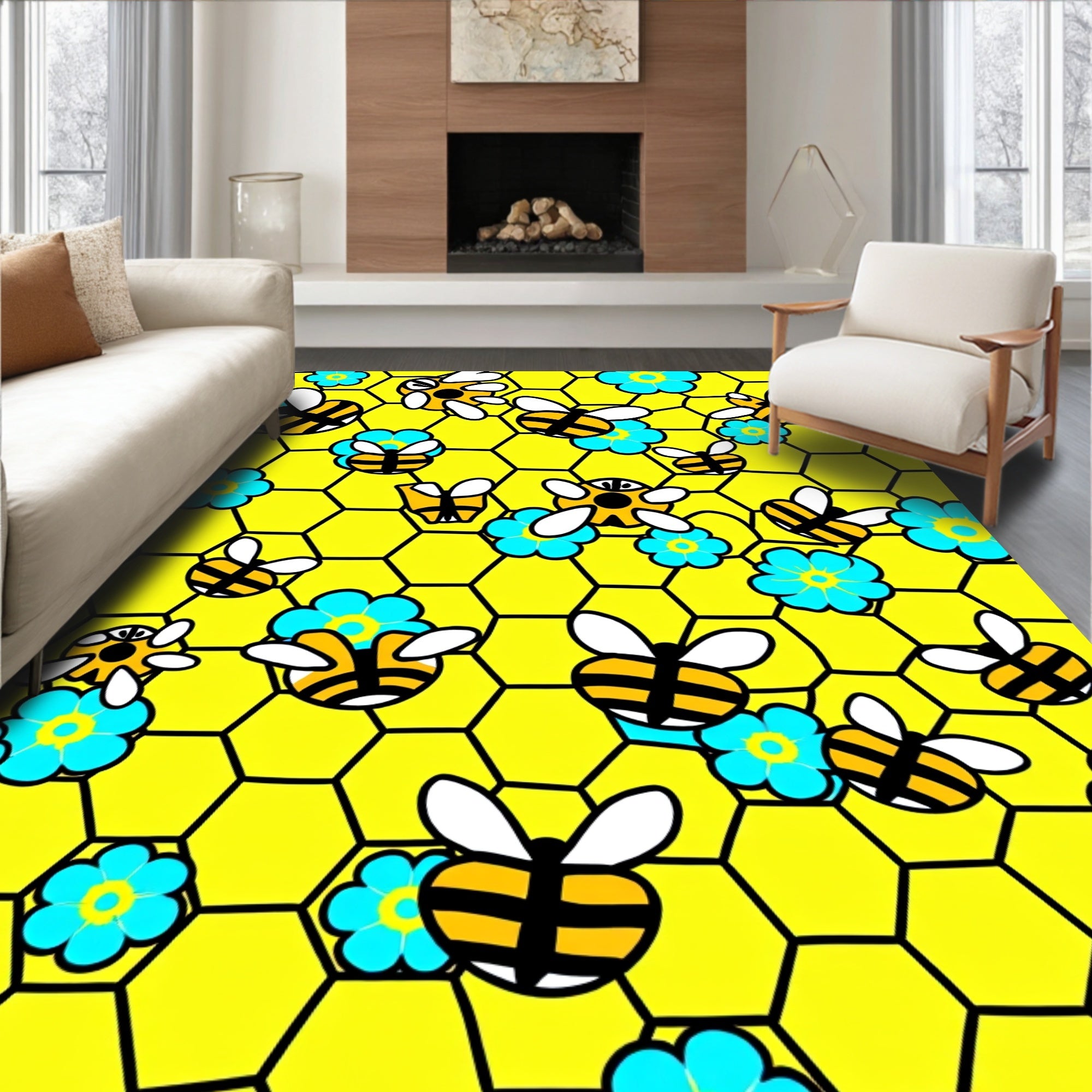 Yellow Honeycomb Bee Floral Rug
