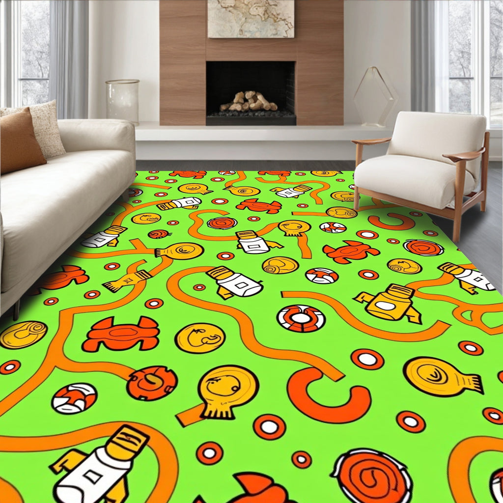 Bright Orange Rocket Ship Swirls Rug