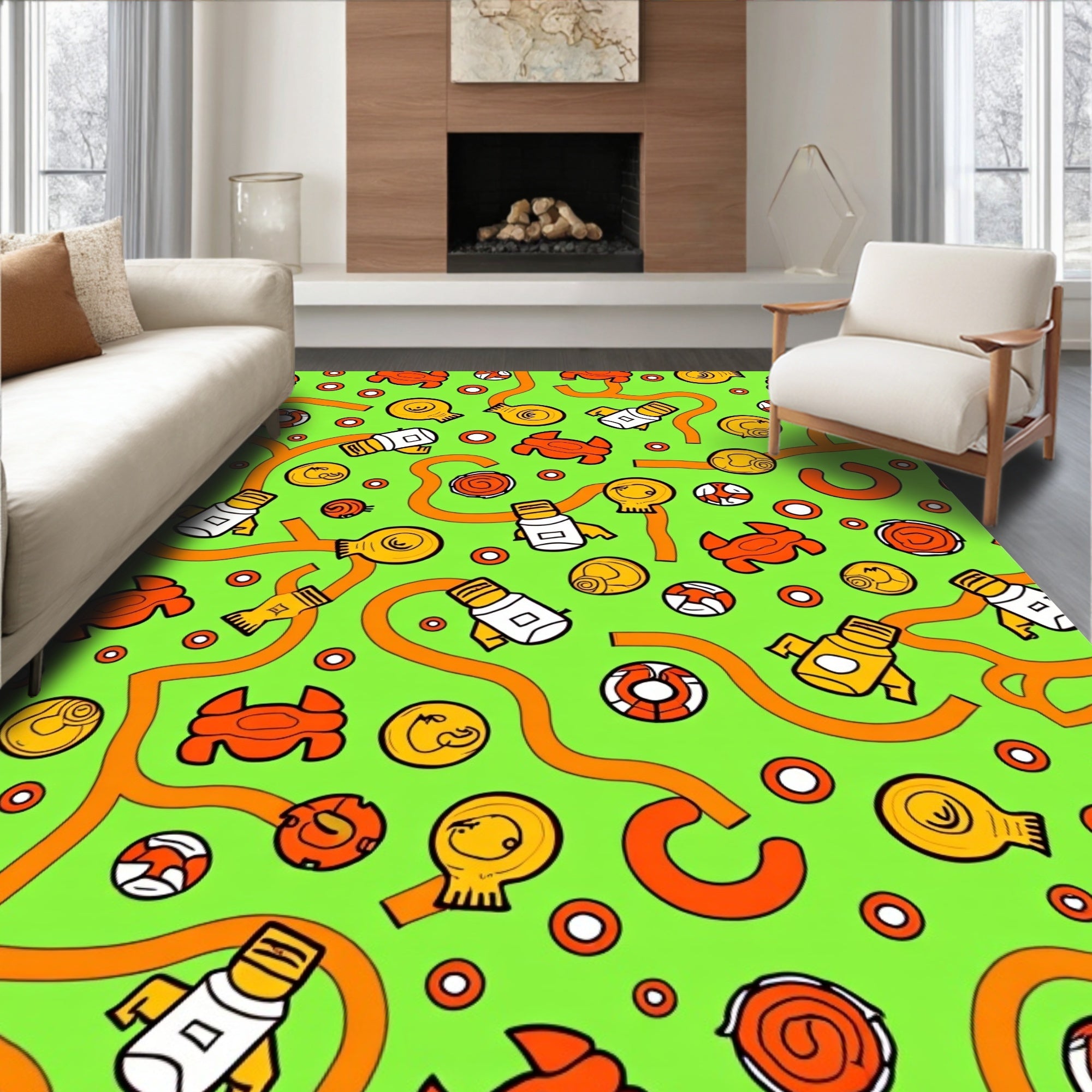 Bright Orange Rocket Ship Swirls Rug