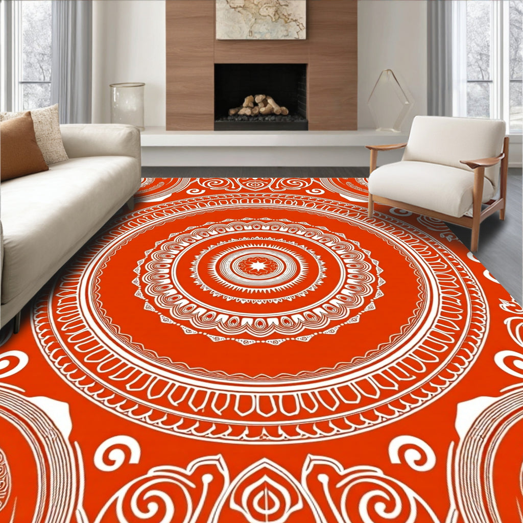 Vibrant Orange Circular Medallion Art Rug