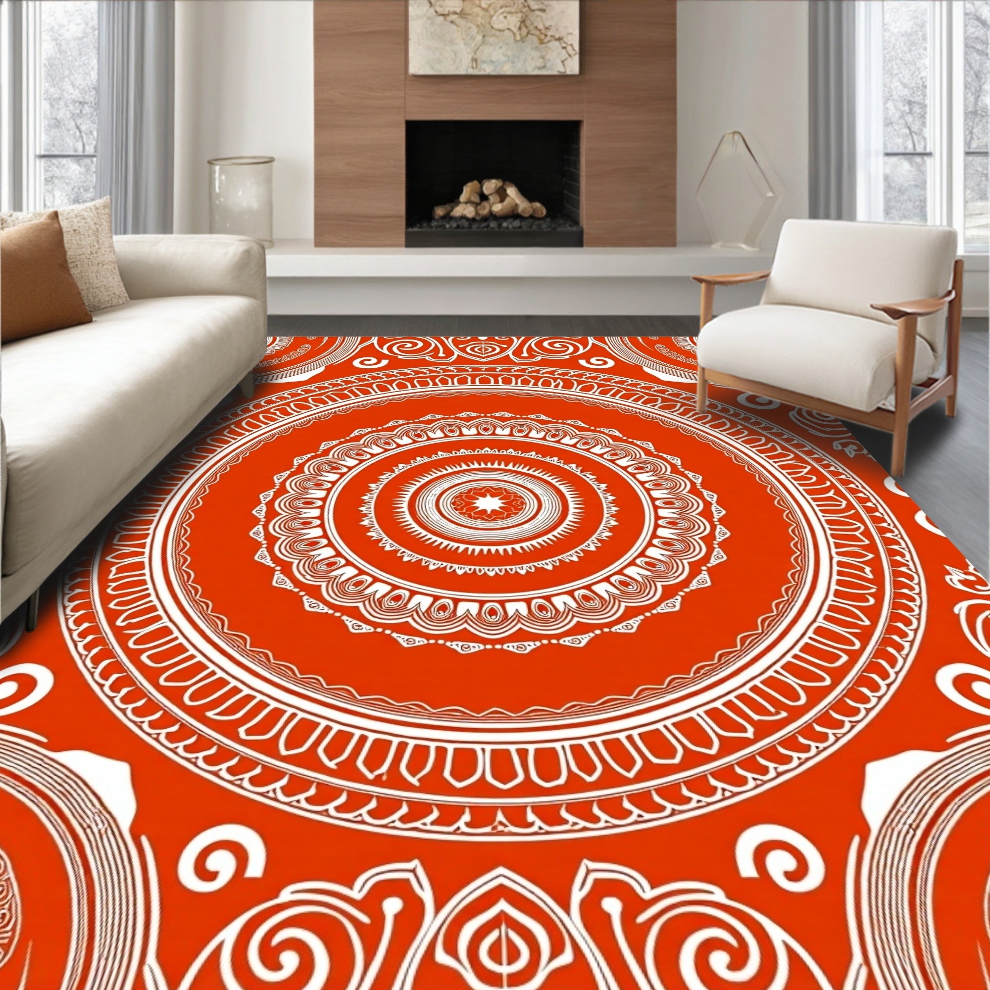 Vibrant Orange Circular Medallion Art Rug