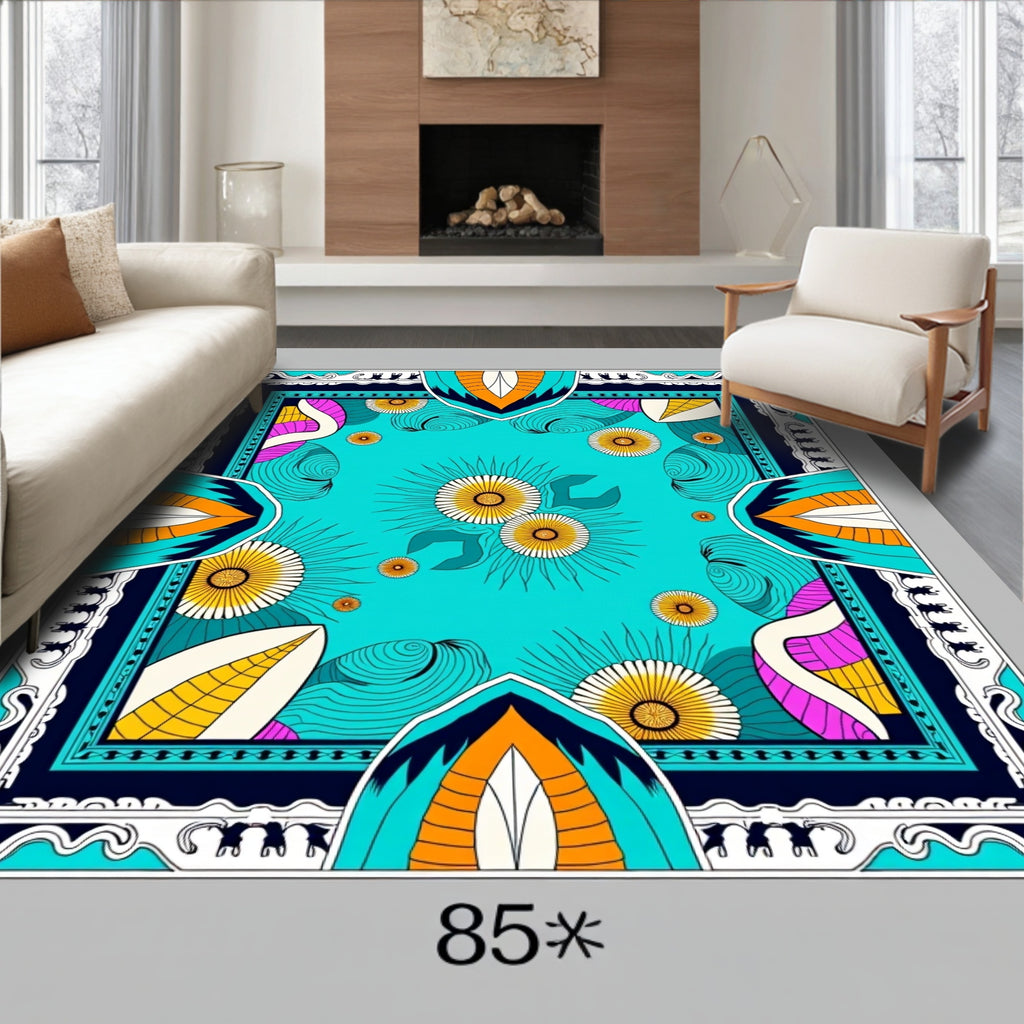 Vibrant Turquoise Sunburst Floral Medallion Rug