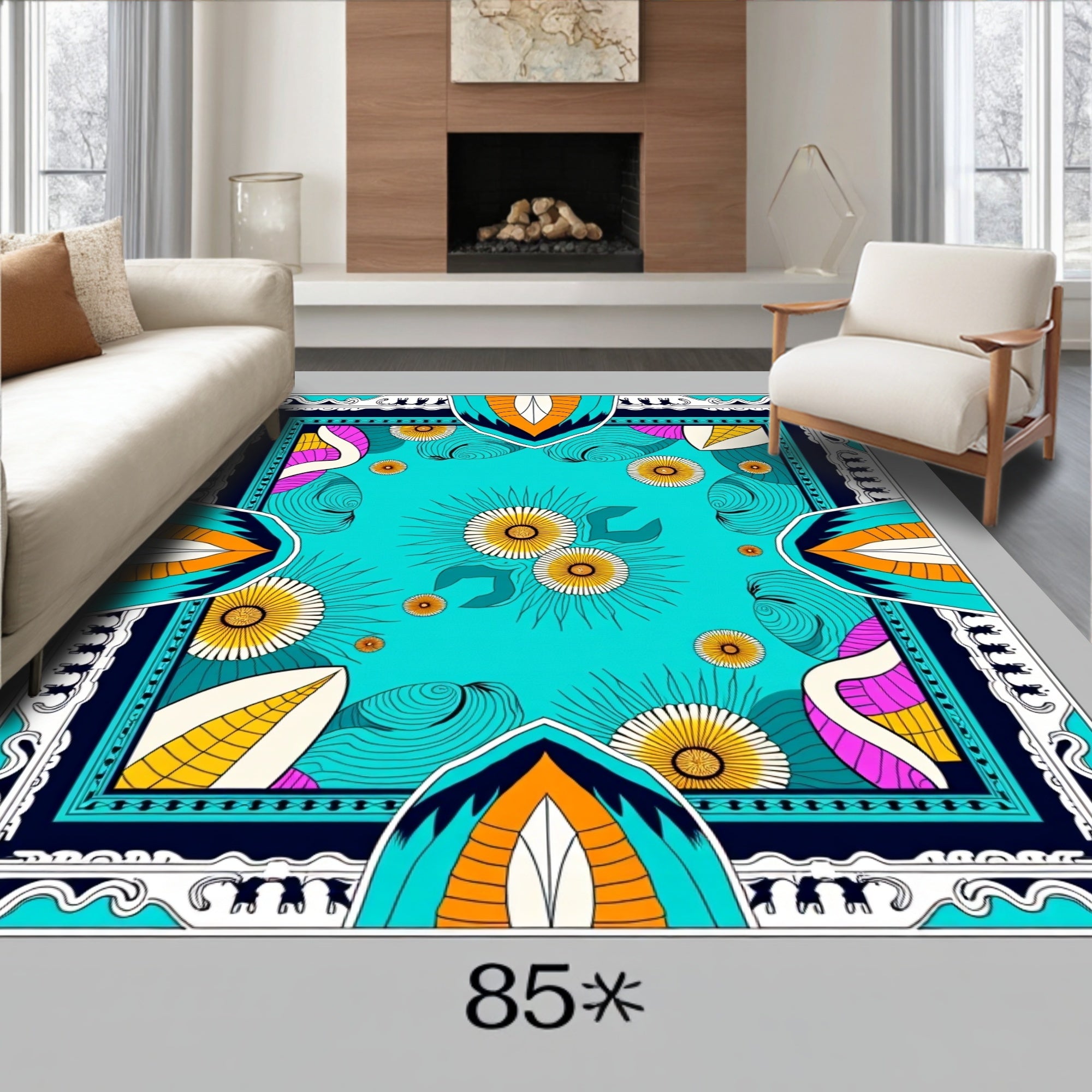Vibrant Turquoise Sunburst Floral Medallion Rug