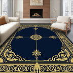 Ornate Navy Gold Scrollwork Frame Rug