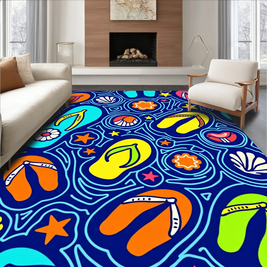 Bright Summer Flip Flop Starfish Shells Rug