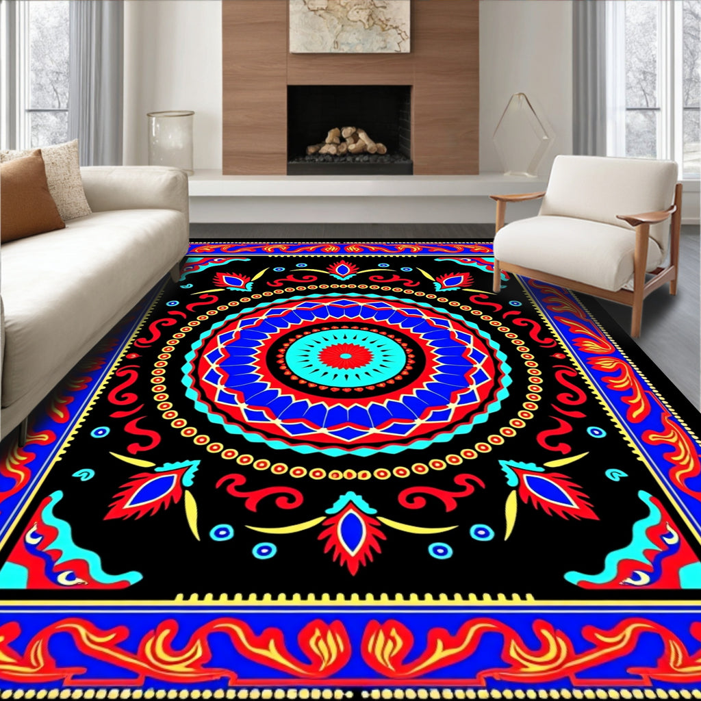 Vibrant Red Blue Medallion Floral Border Rug