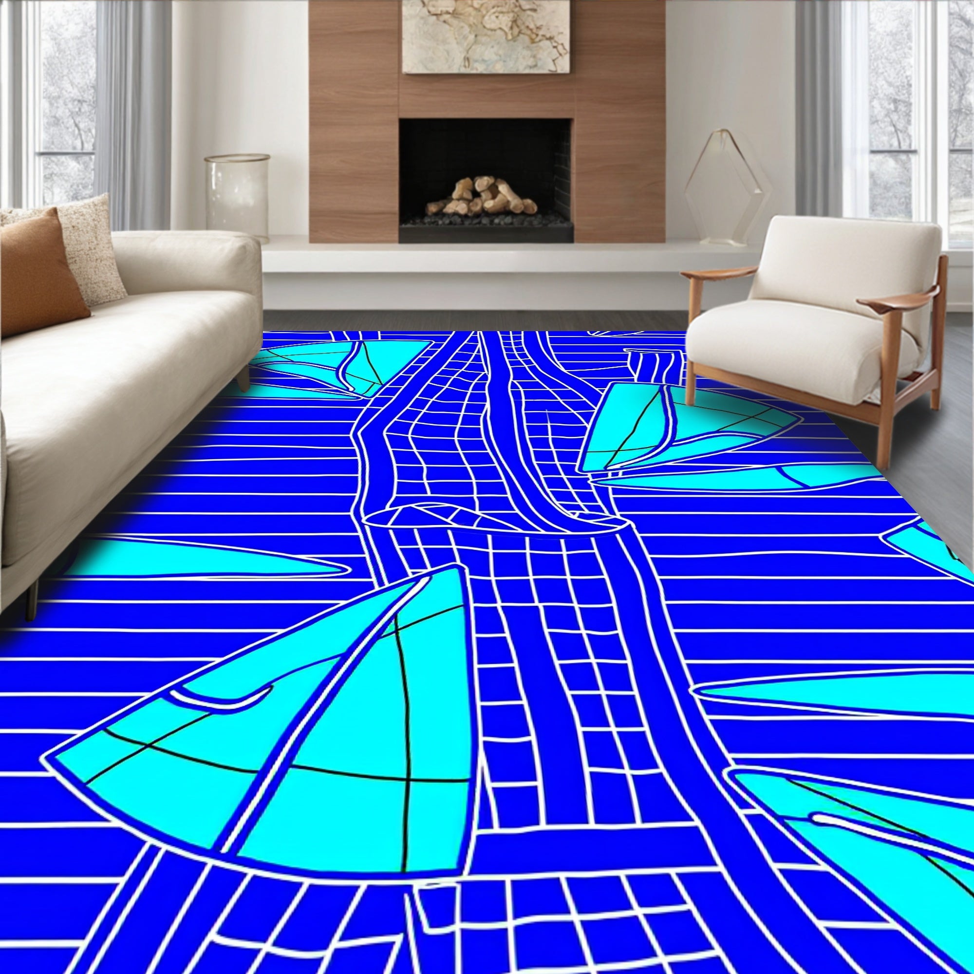 Bright Turquoise Sailboats on Blue Stripes Rug