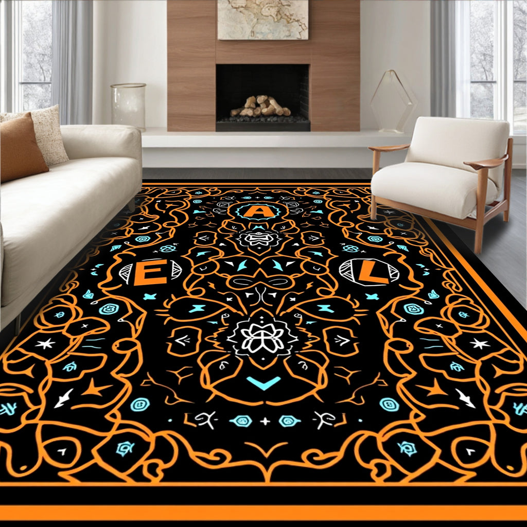 Orange Black Geometric Floral Abstract Rug