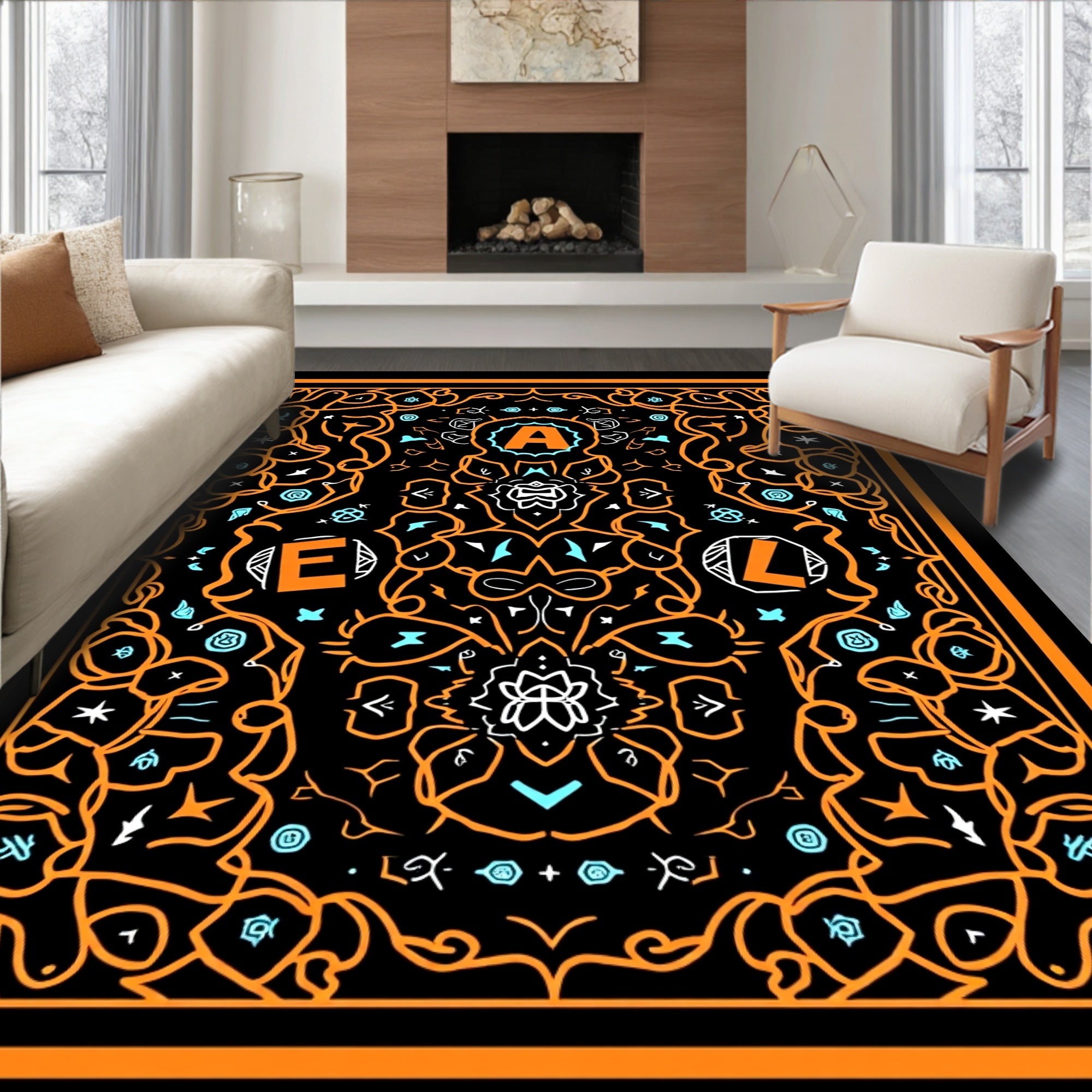 Orange Black Geometric Floral Abstract Rug