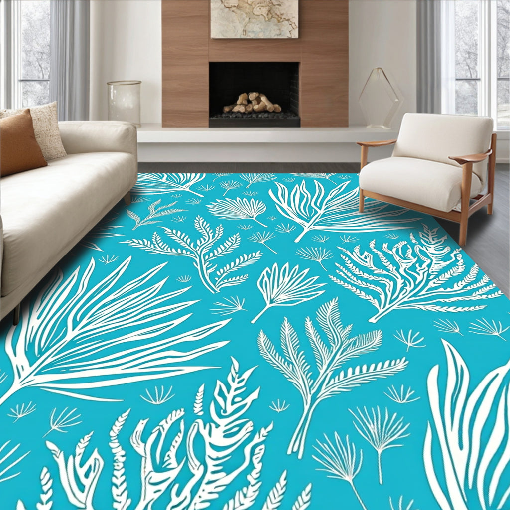 White Tropical Foliage on Teal Rug