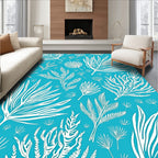 White Tropical Foliage on Teal Rug