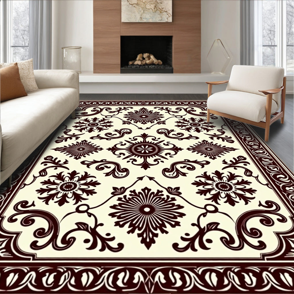 Ornate Dark Brown Floral Scroll Rug