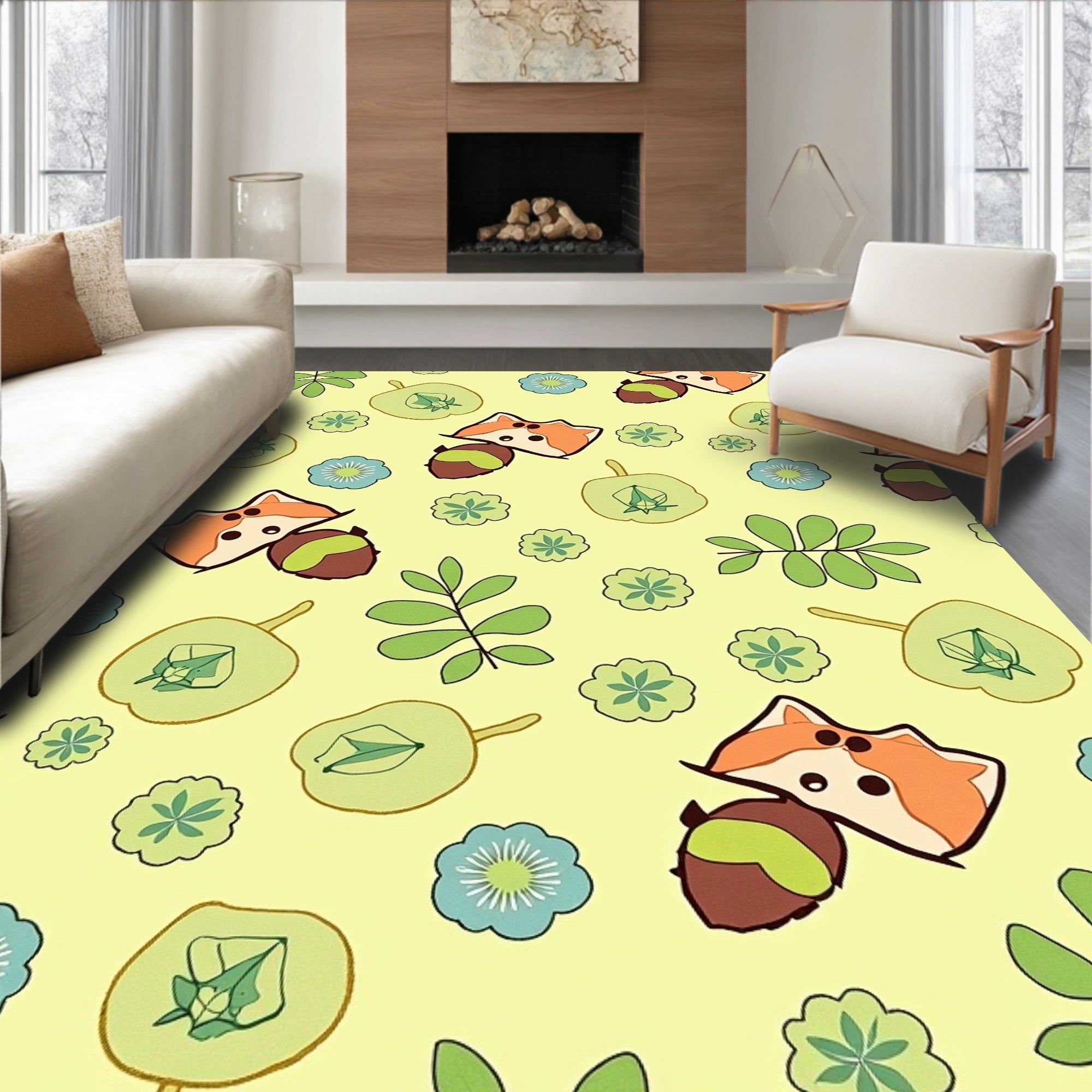 Cute Raccoon Acorn Floral Branches Rug