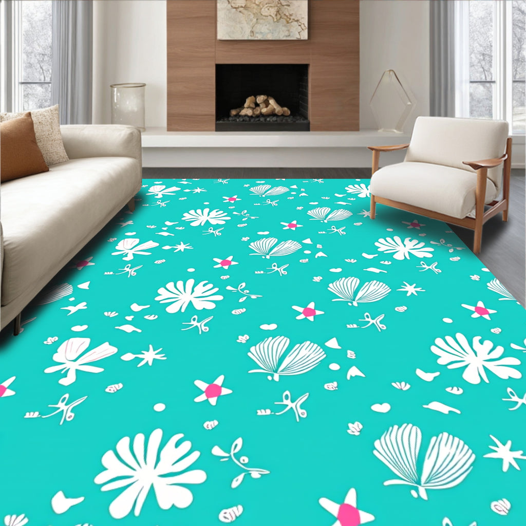 Aqua White Floral Starburst Scatter Rug