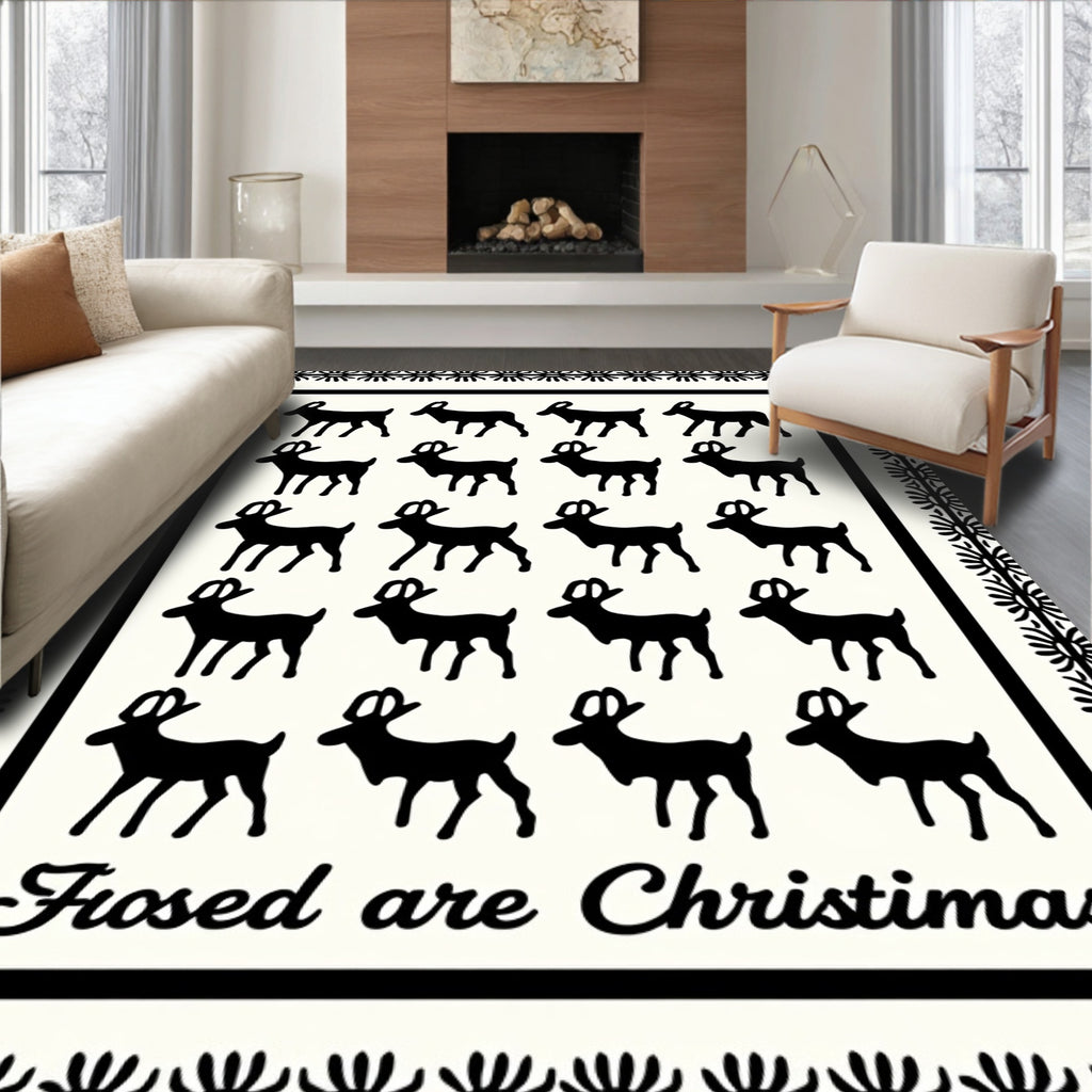 Black Reindeer Silhouette Cream Border Rug