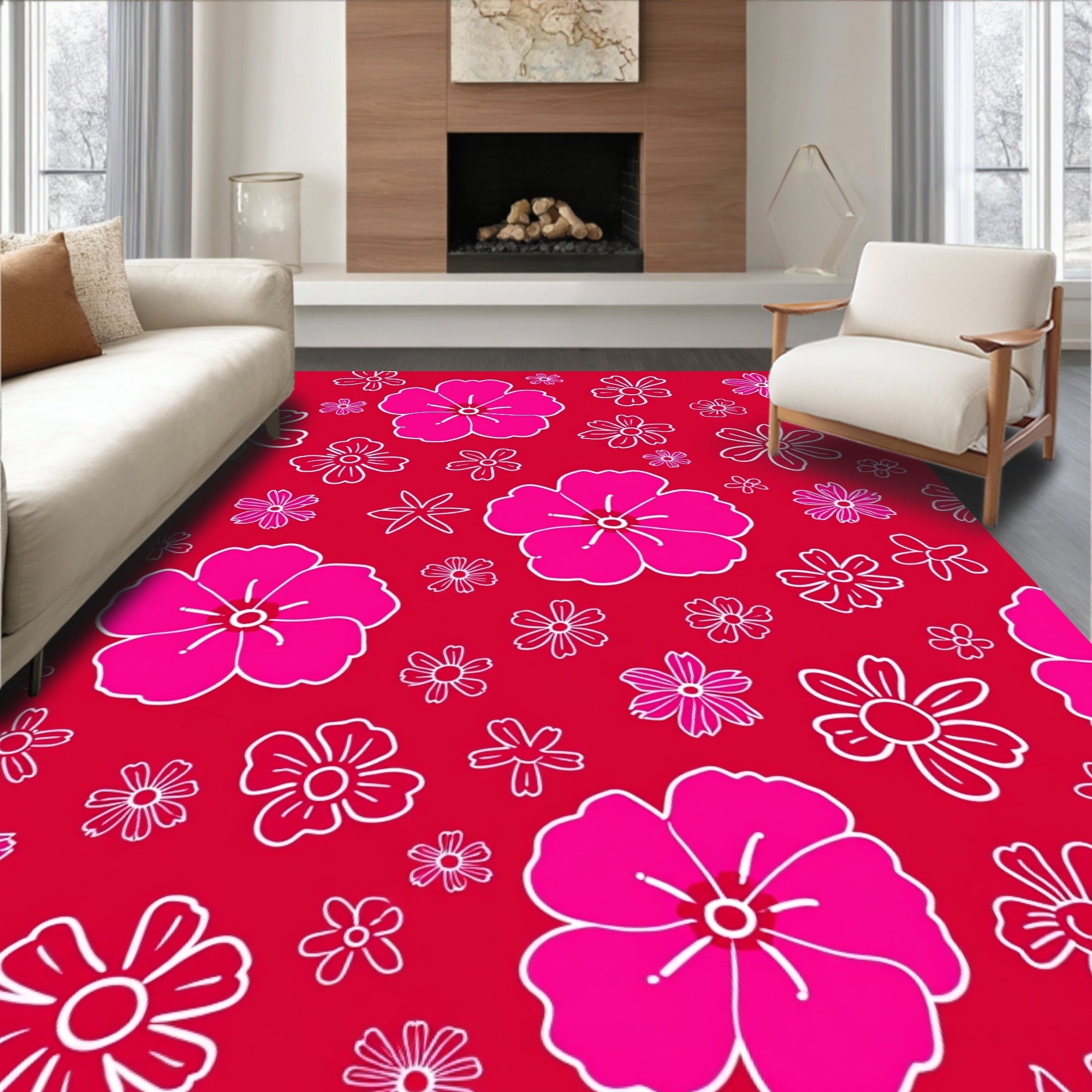 Vibrant Pink Floral Scatter Rug