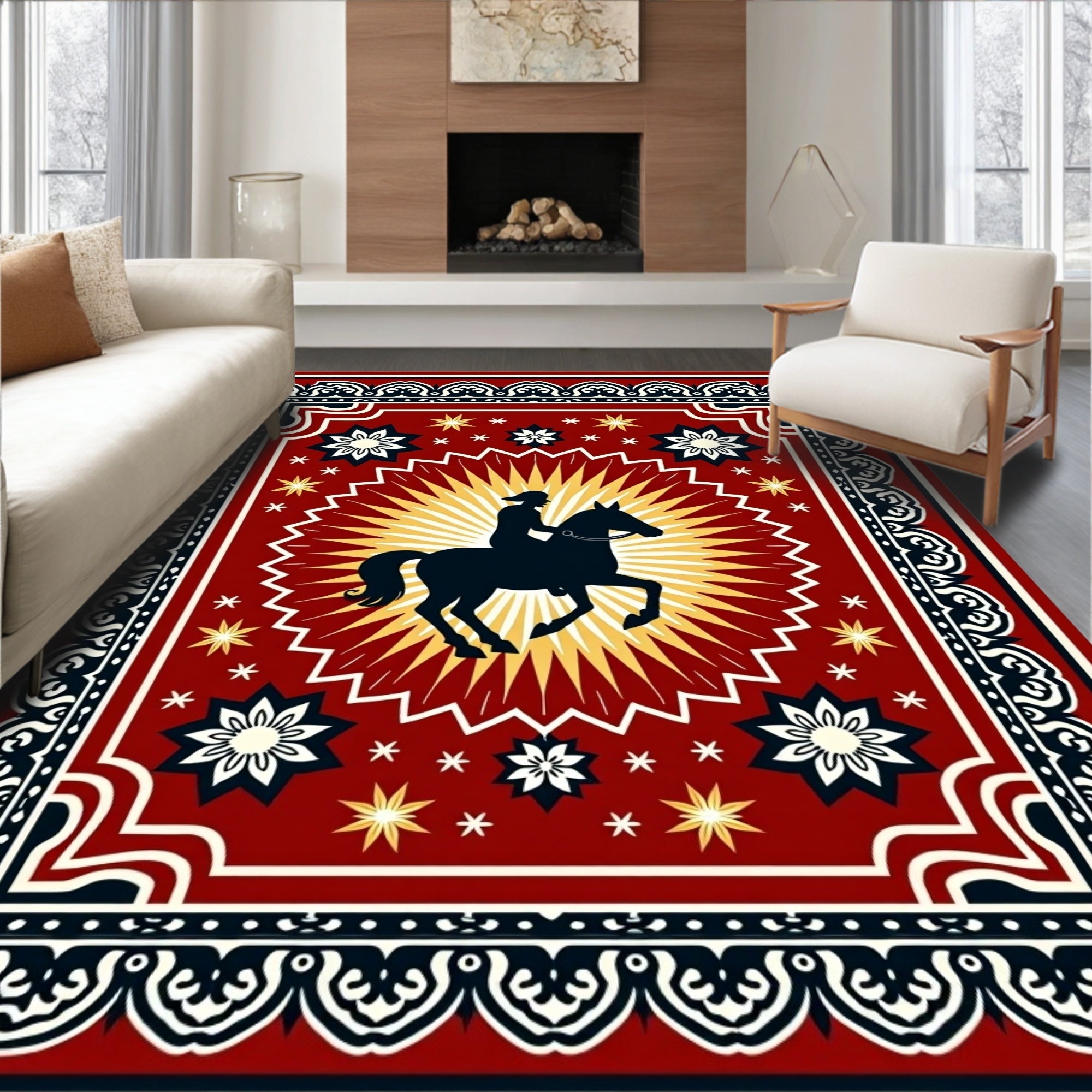 Crimson Horse Rider Sunburst Medallion Rug