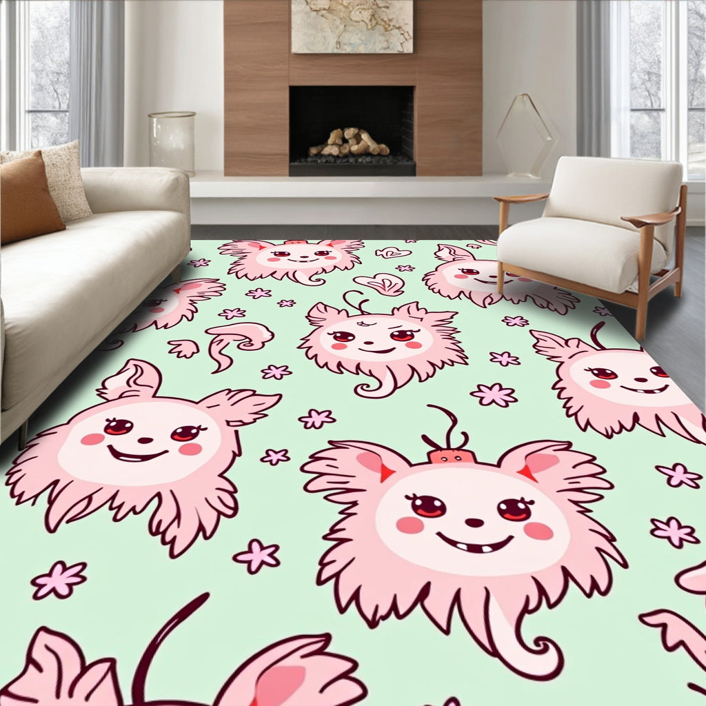 Playful Pink Cartoon Critters Scattered Flowers Rug
