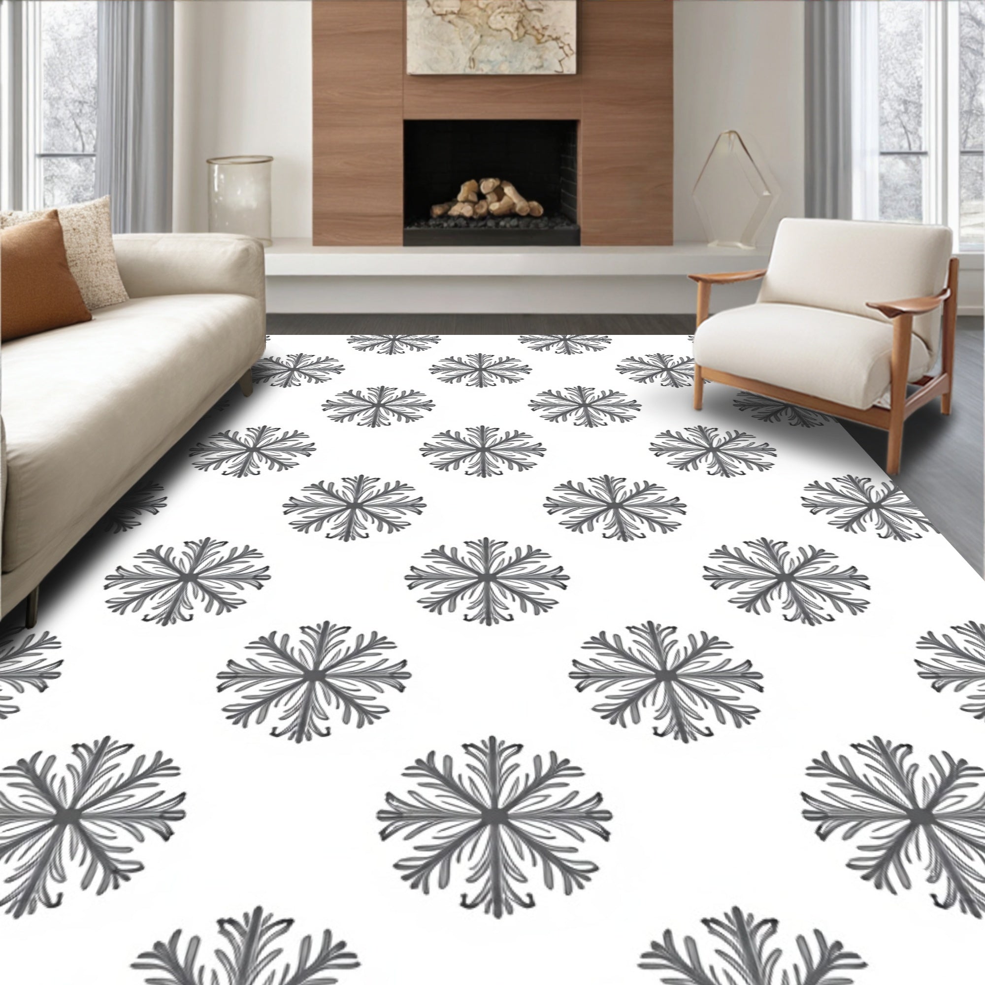 Monochromatic Black Floral Starbursts Rug