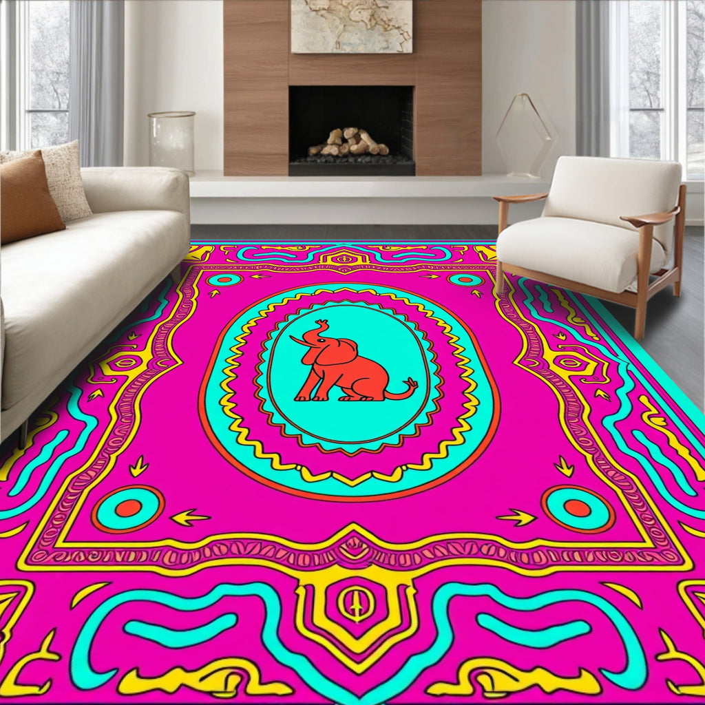Vibrant Red Elephant Oval Frame Rug