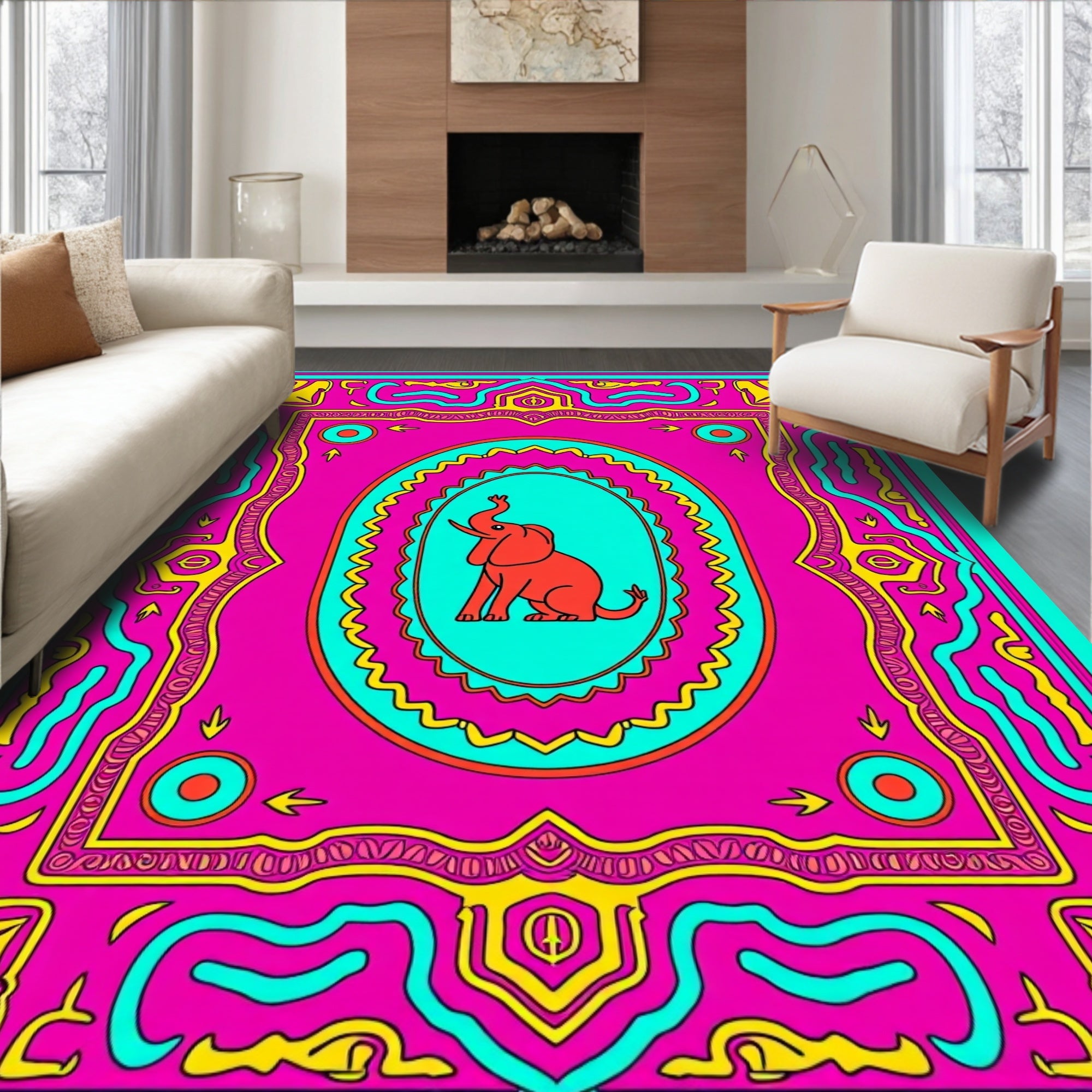 Vibrant Red Elephant Oval Frame Rug