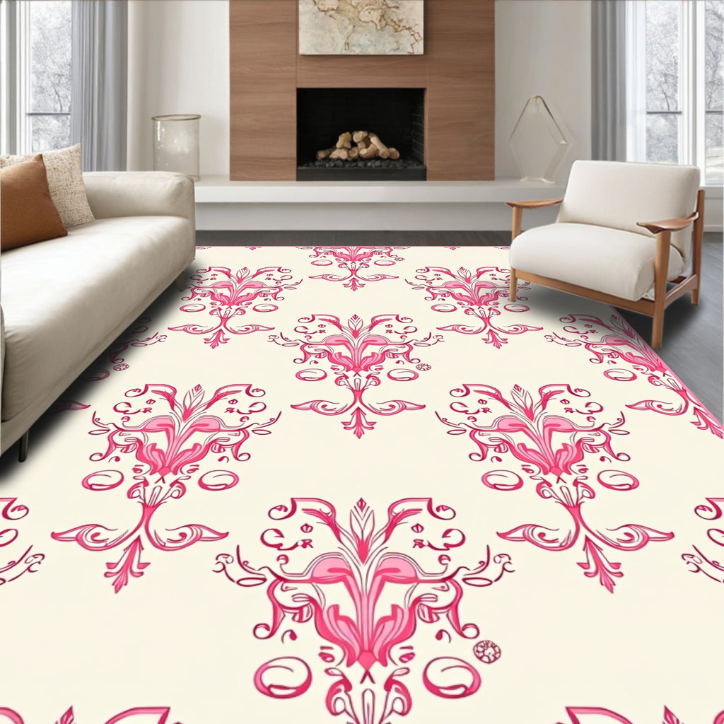 Pink Damask Floral Scroll Work Rug