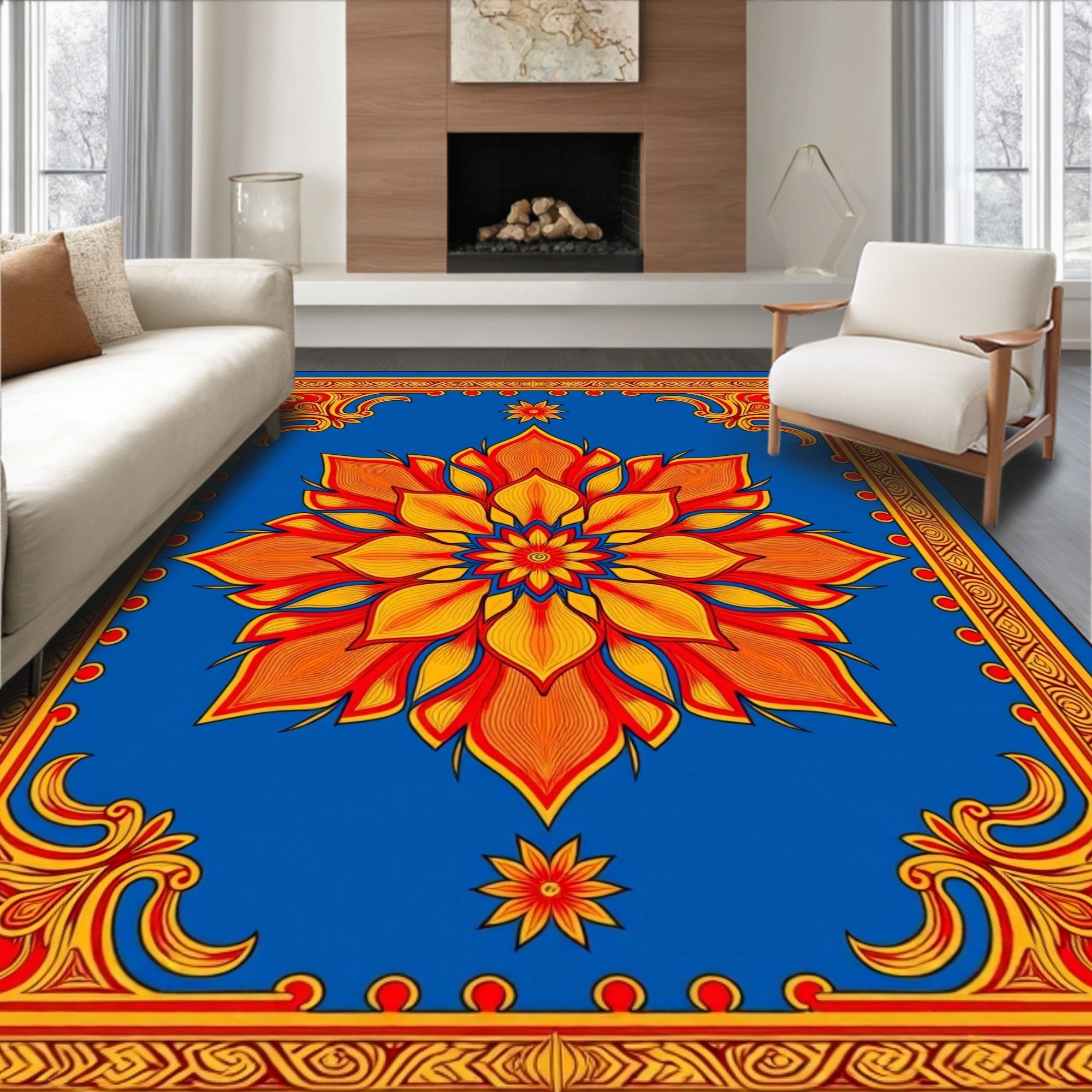 Vibrant Blue Orange Floral Medallion Rug