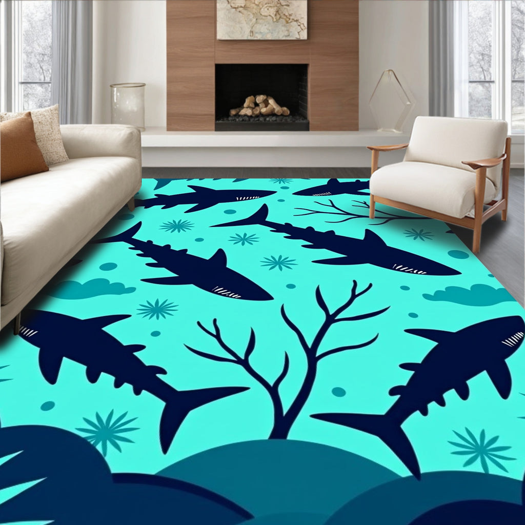 Navy Shark Teal Sea Life Collage Rug
